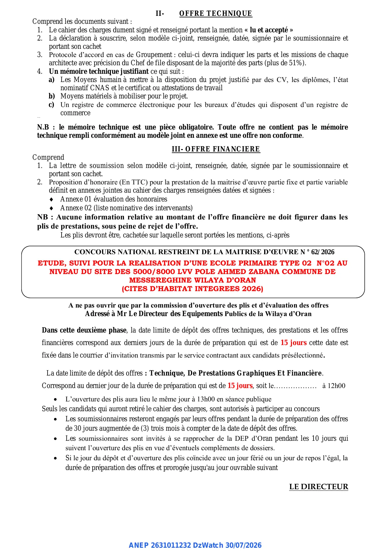 Annonce ANEP 2631011232 : 2éme AVIS DE PRESELECTION, DIRECTION DES EQUIPEMENTS PUBLICS DE LA WILAYA D’ORAN