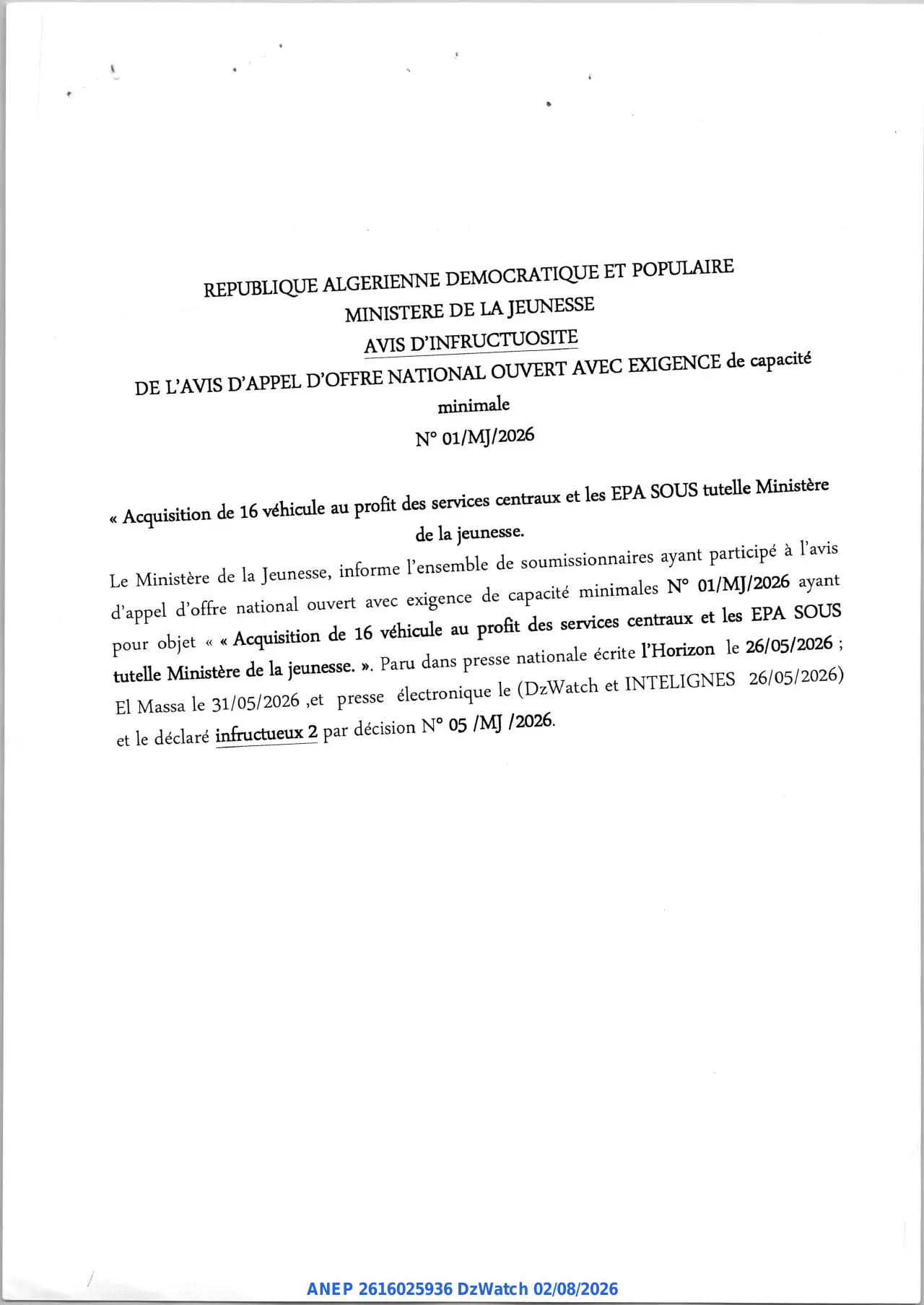 Annonce ANEP 2616025936 : AVIS D'INFRUCTUOSITE, MINISTERE DE LA JEUNESSE