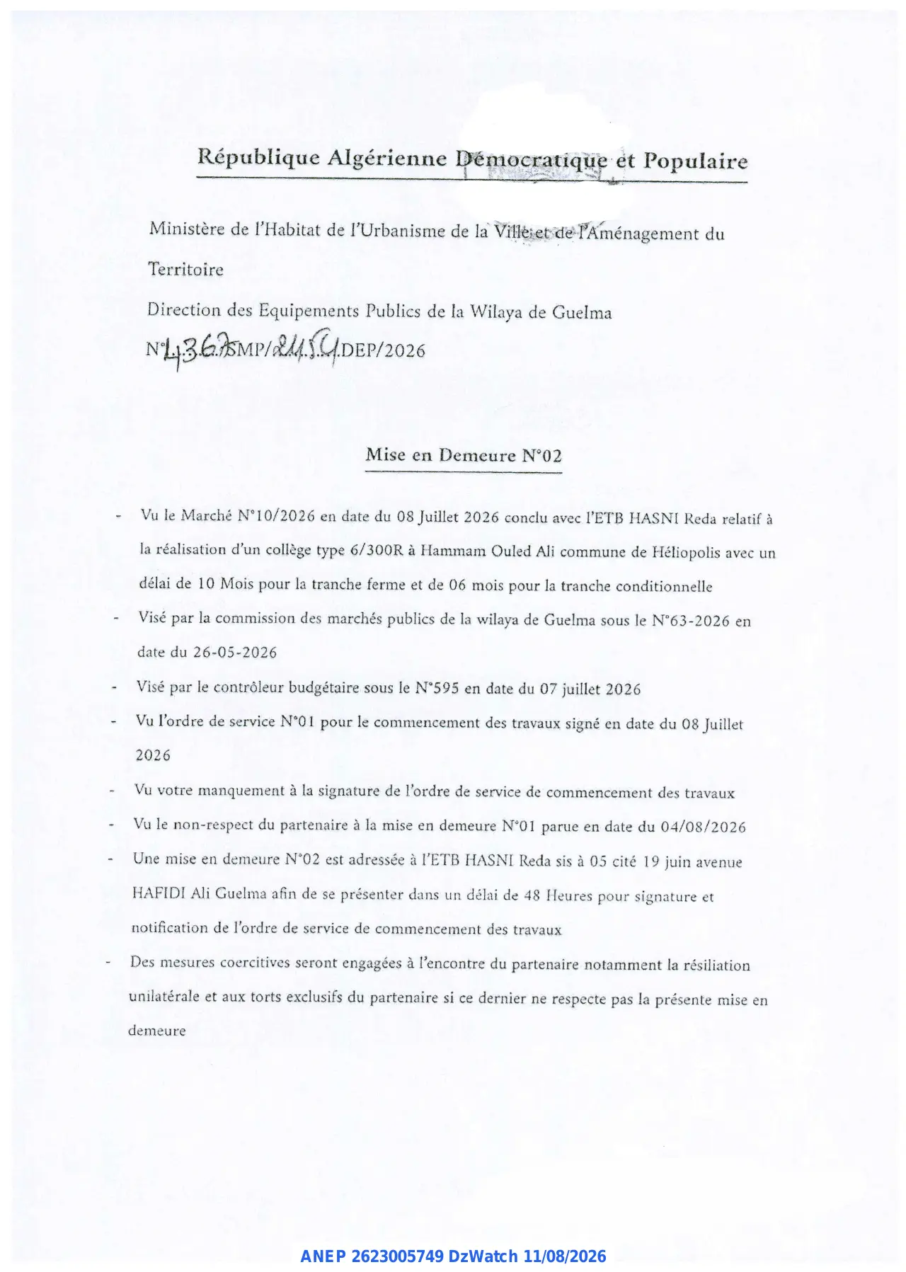 Annonce ANEP 2623005749 : Mise en Demeure, Direction des Equipements Publics de la Wilaya de Guelma
