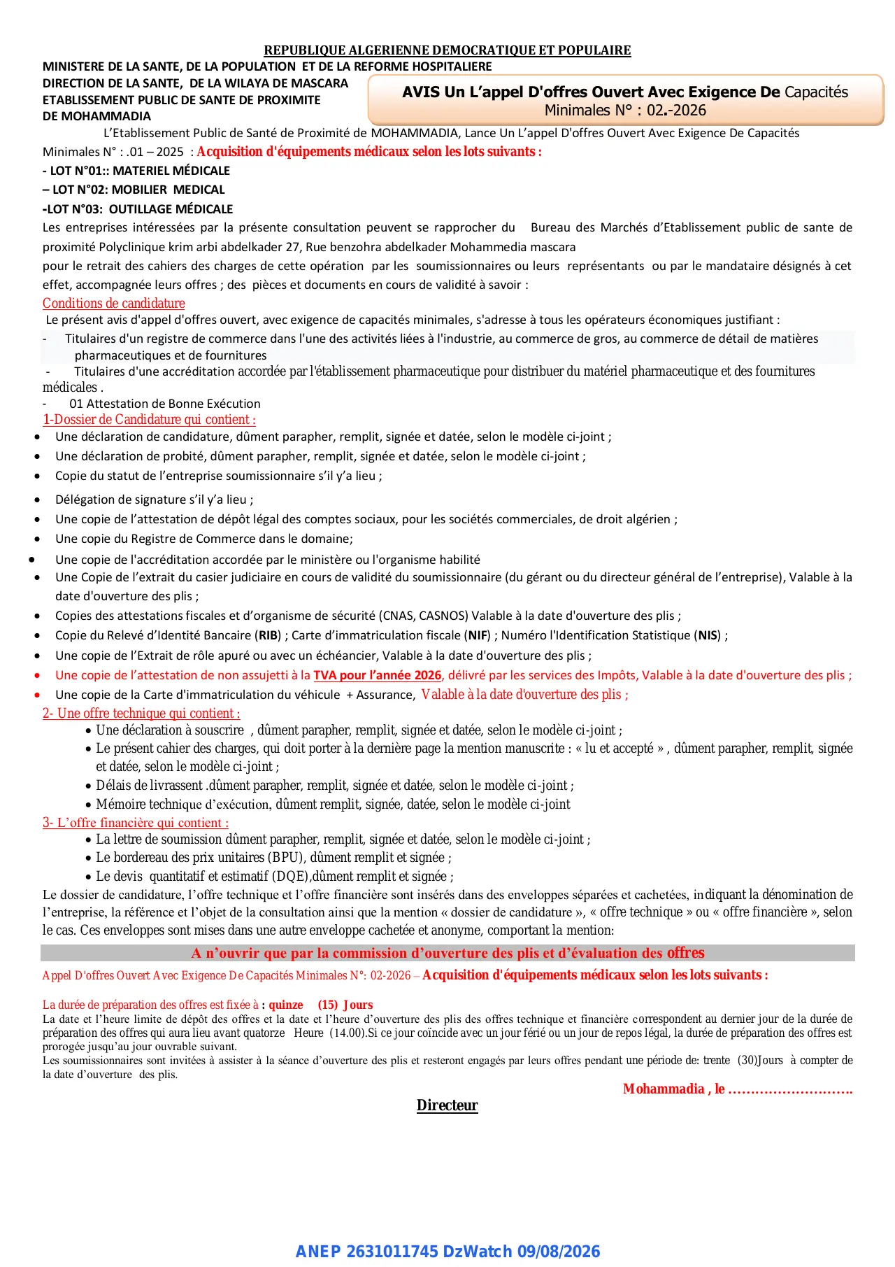 Annonce ANEP 2631011745 : AVIS UN L'APPEL D'OFFRES OUVERT AVEC EXIGENCE DE CAPACITES MINIMALES, ETABLISSEMENT PUBLIC DE SANTE DE PROXIMITE DE MOHAMMADIA
