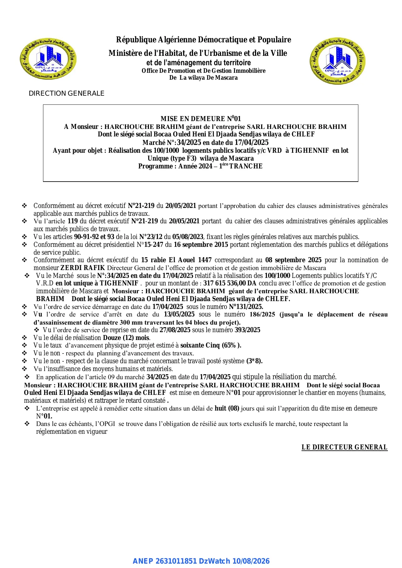 Annonce ANEP 2631011851 : MISE EN DEMEURE, Office De Promotion et De Gestion Immobilière De La wilaya De Mascara