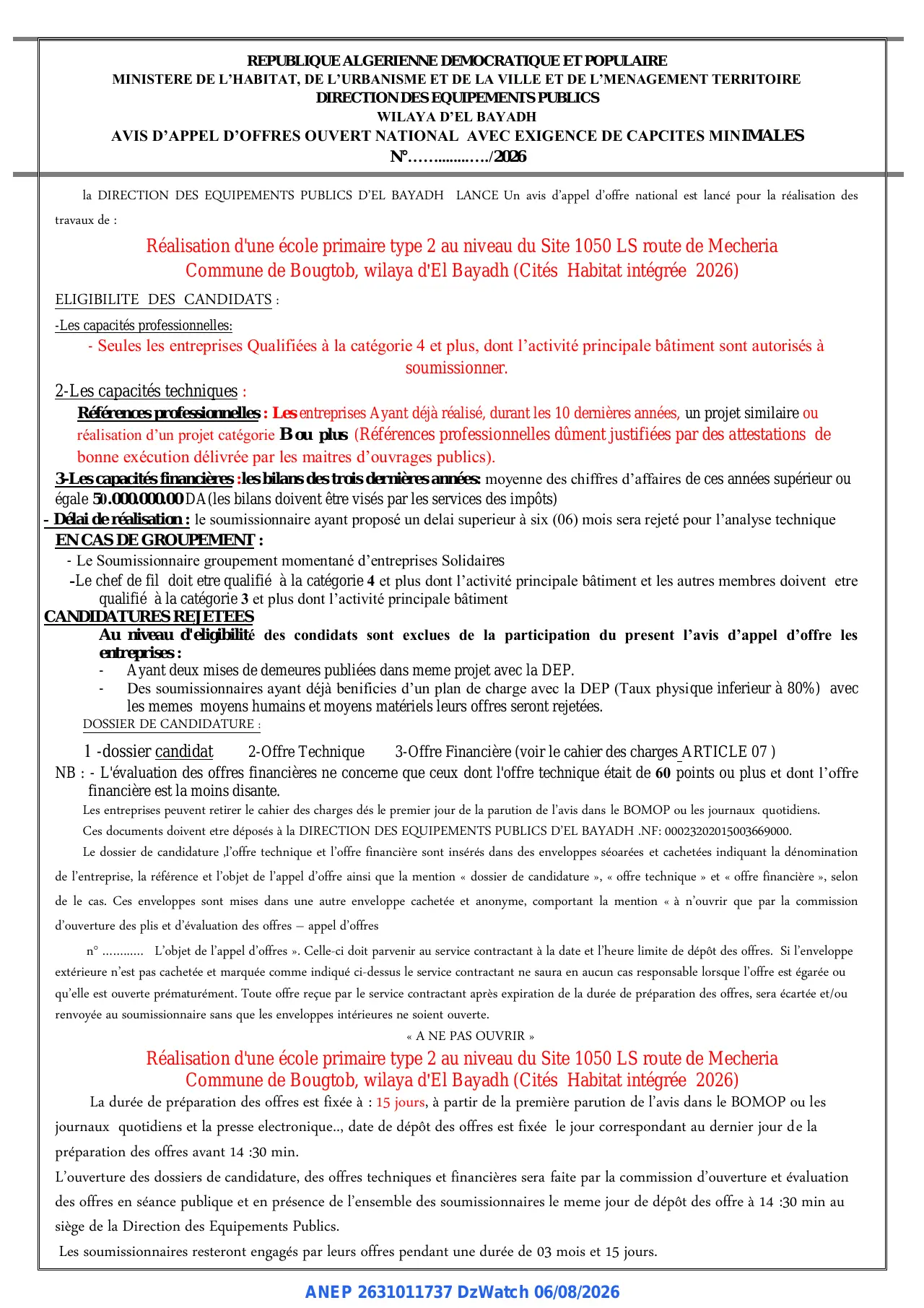 Annonce ANEP 2631011737 : AVIS D'APPEL D'OFFRES OUVERT NATIONAL AVEC EXIGENCE DE CAPCITES MINIMALES, DIRECTION DES EQUIPEMENTS PUBLICS D'EL BAYADH