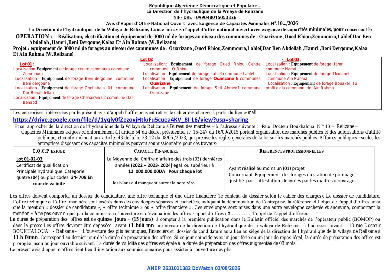 Annonce ANEP 2631011382 : Avis d’Appel d’Offre National Ouvert avec Exigence de Capacités Minimales, La Direction de l’hydraulique de la Wilaya de Relizane