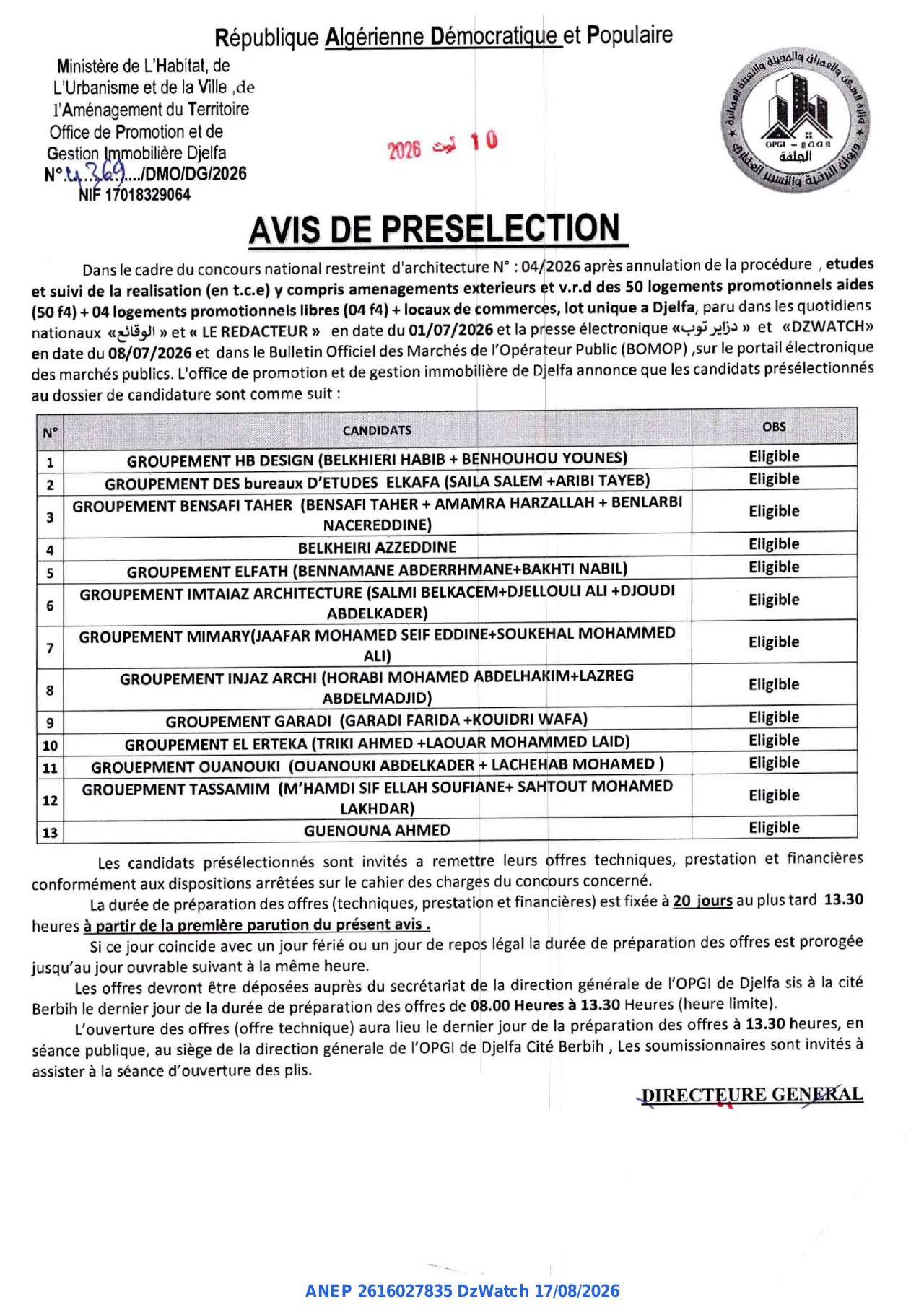 Annonce ANEP 2616027835 : AVIS DE PRESELECTION, Office de Promotion et de Gestion Immobilière Djelfa