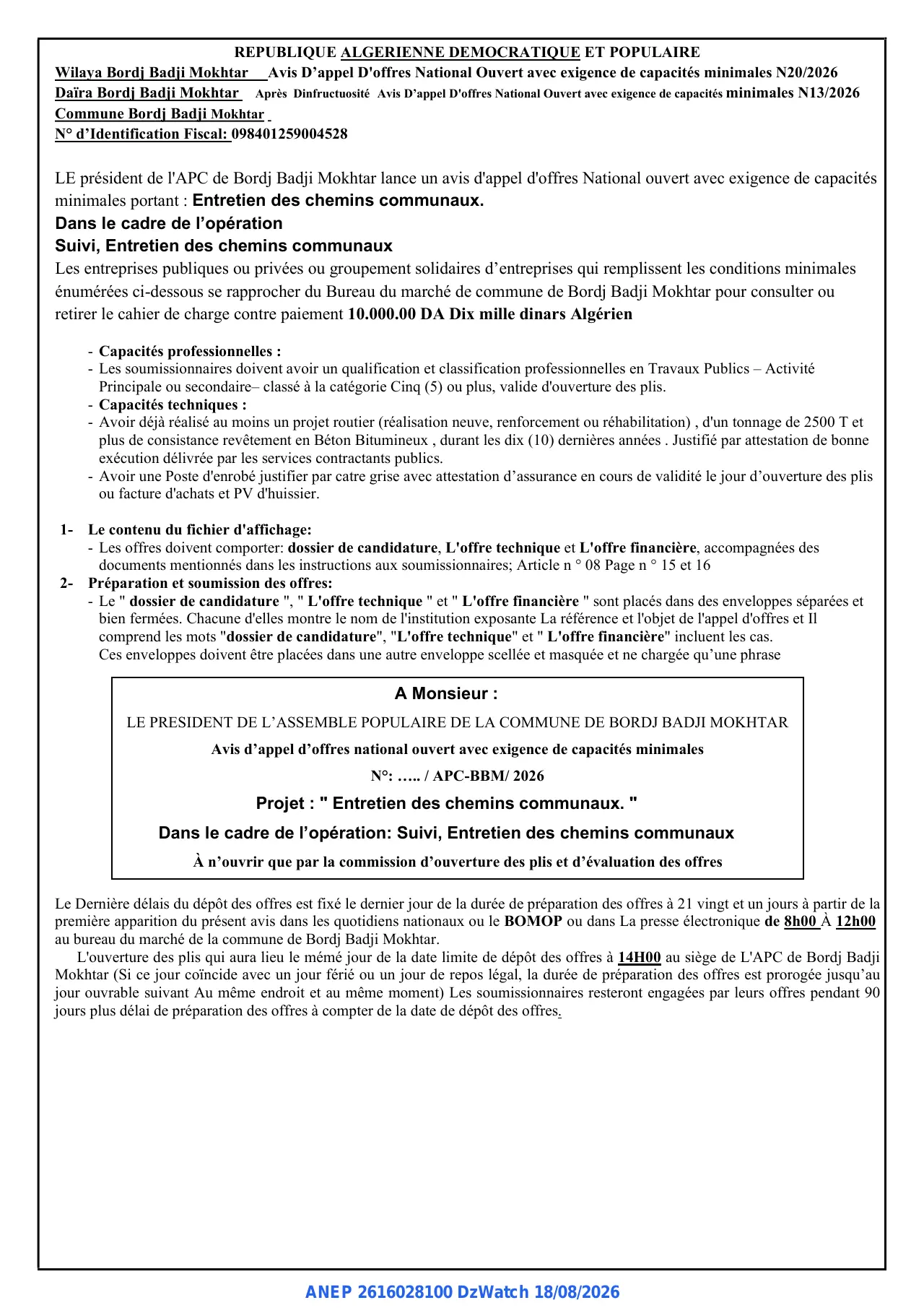 Annonce ANEP 2616028100 : Avis d'appel d'offres National ouvert, Commune Bordj Badji Mokhtar