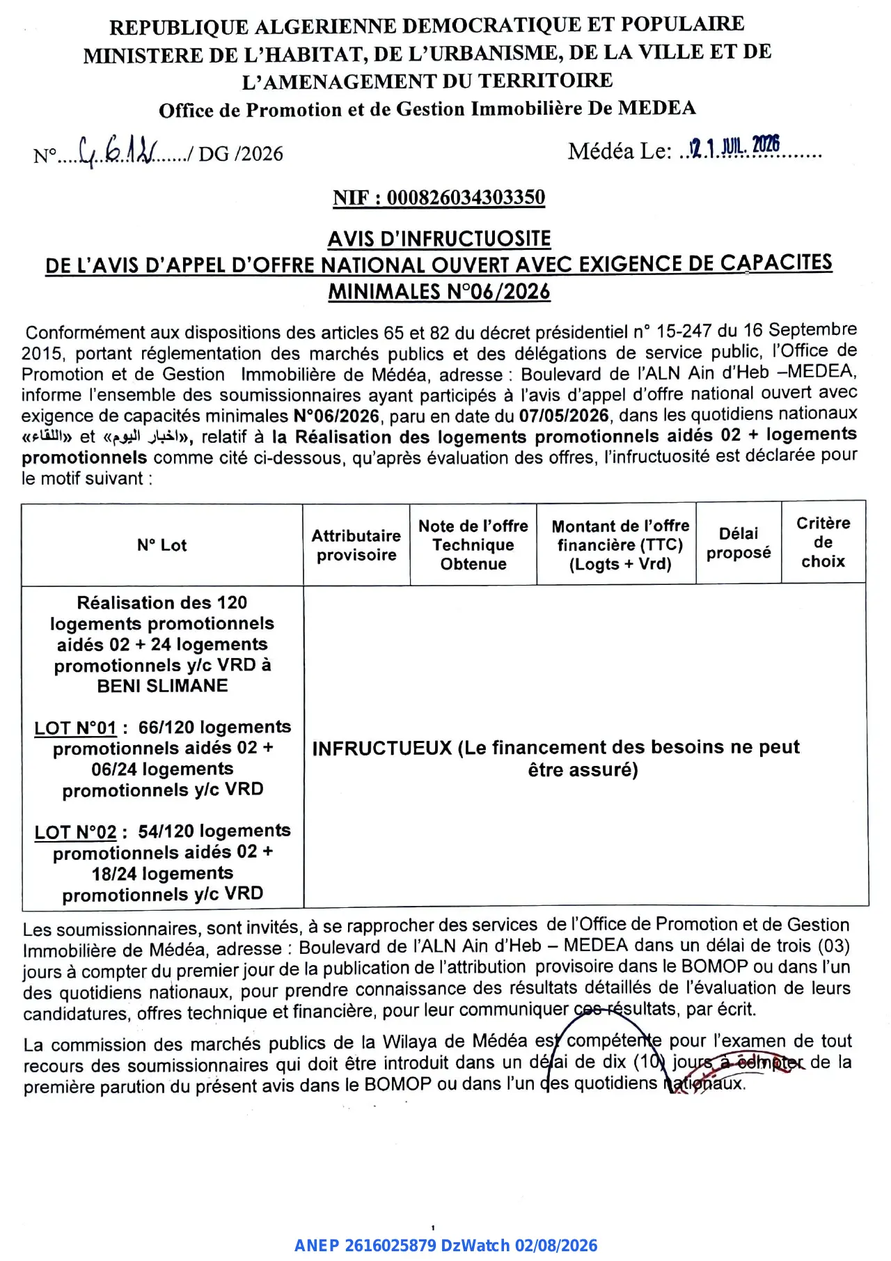 Annonce ANEP 2616025879 : AVIS D'INFRUCTUOSITE, Office de Promotion et de Gestion Immobilière De MEDEA