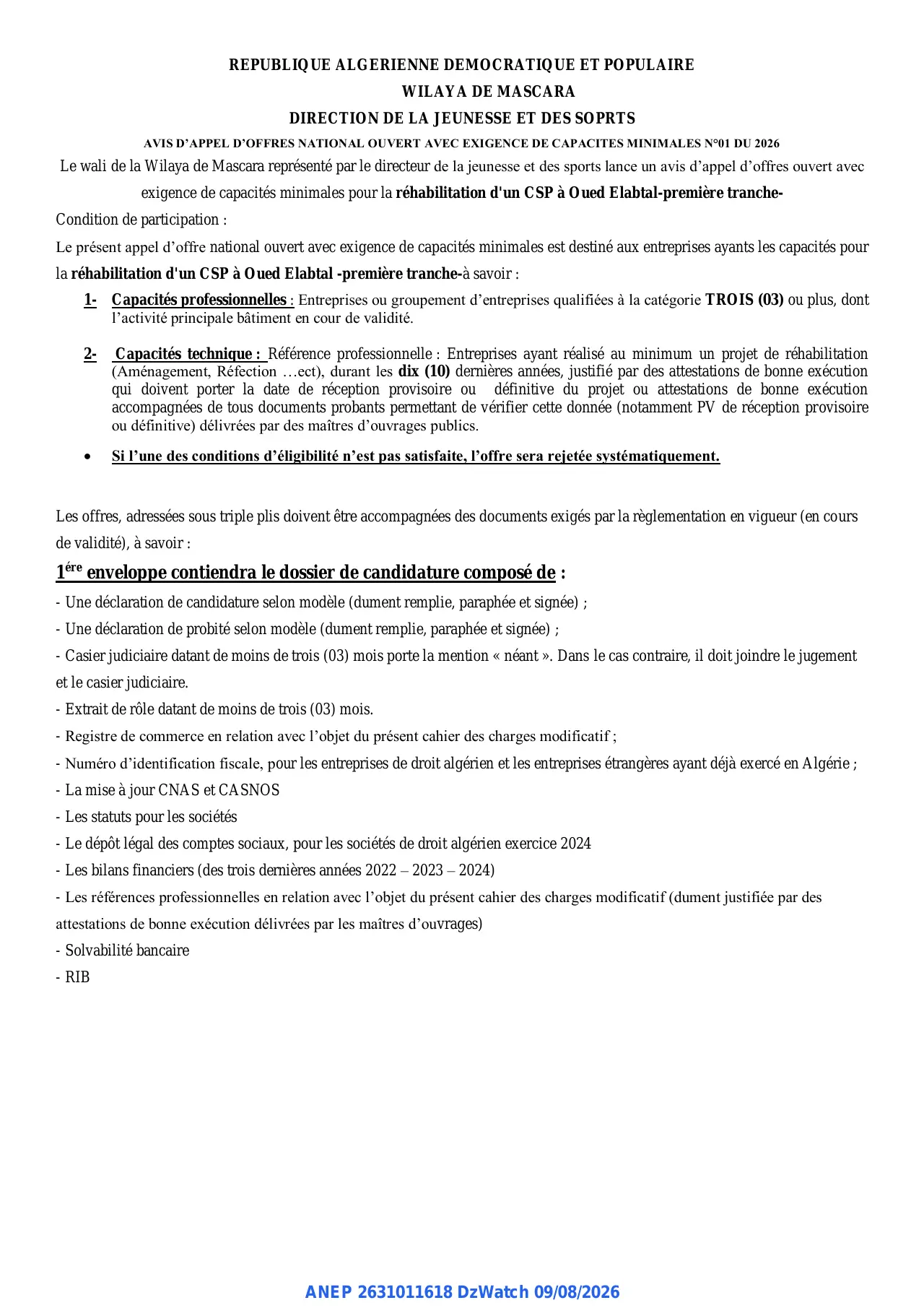 Annonce ANEP 2631011618 : AVIS D'APPEL D'OFFRES NATIONAL OUVERT AVEC EXIGENCE DE CAPACITES MINIMALES, DIRECTION DE LA JEUNESSE ET DES SPORTS MASCARA