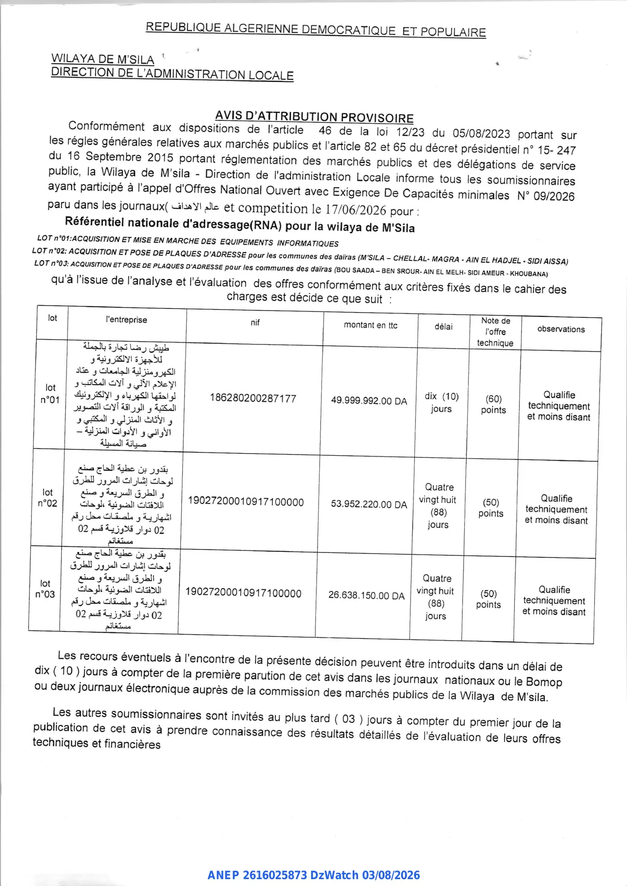 Annonce ANEP 2616025873 : AVIS D'ATTRIBUTION PROVISOIRE, WILAYA DE M'SILA