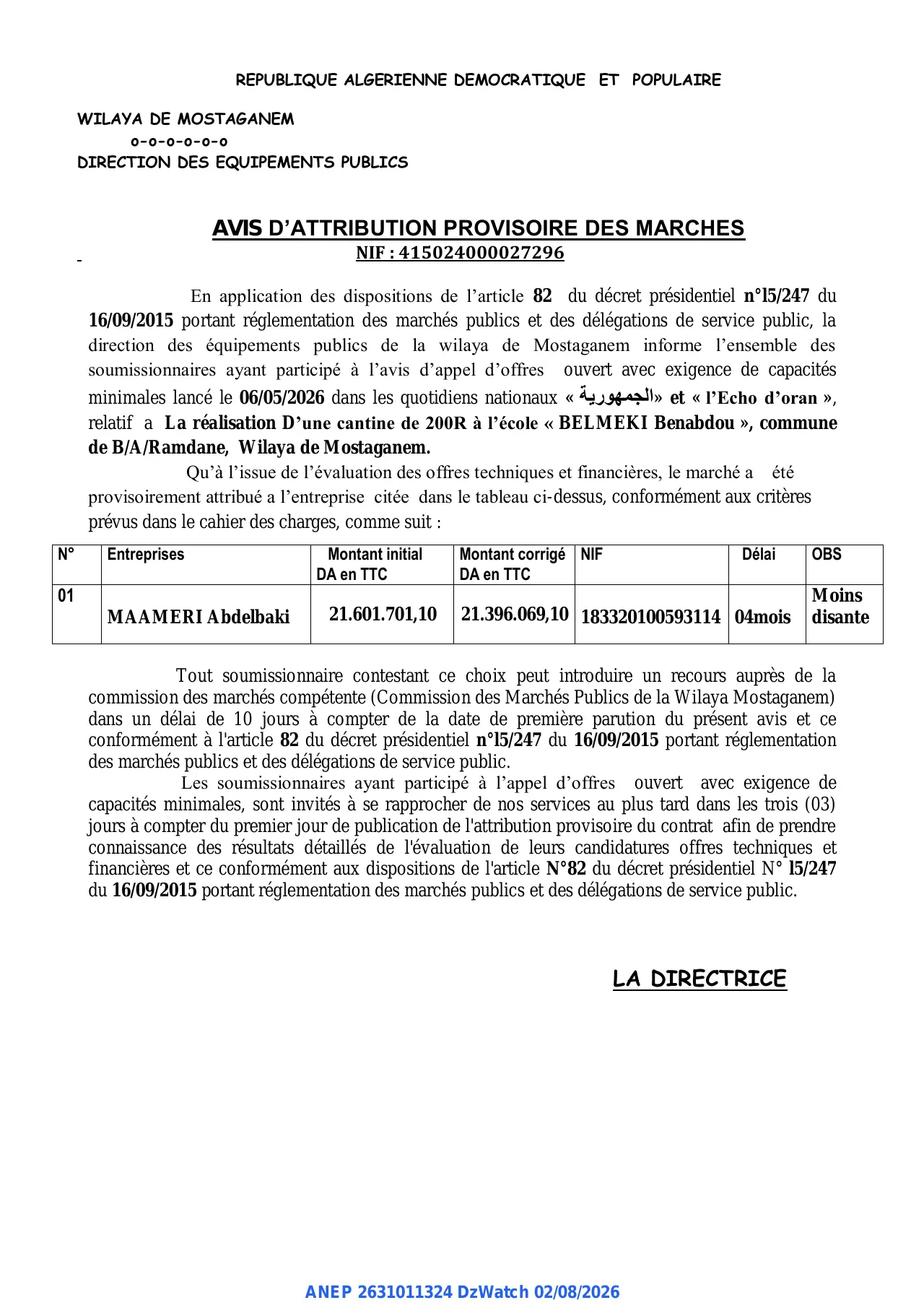 Annonce ANEP 2631011324 : AVIS D’ATTRIBUTION PROVISOIRE DES MARCHES, DIRECTION DES EQUIPEMENTS PUBLICS MOSTAGANEM