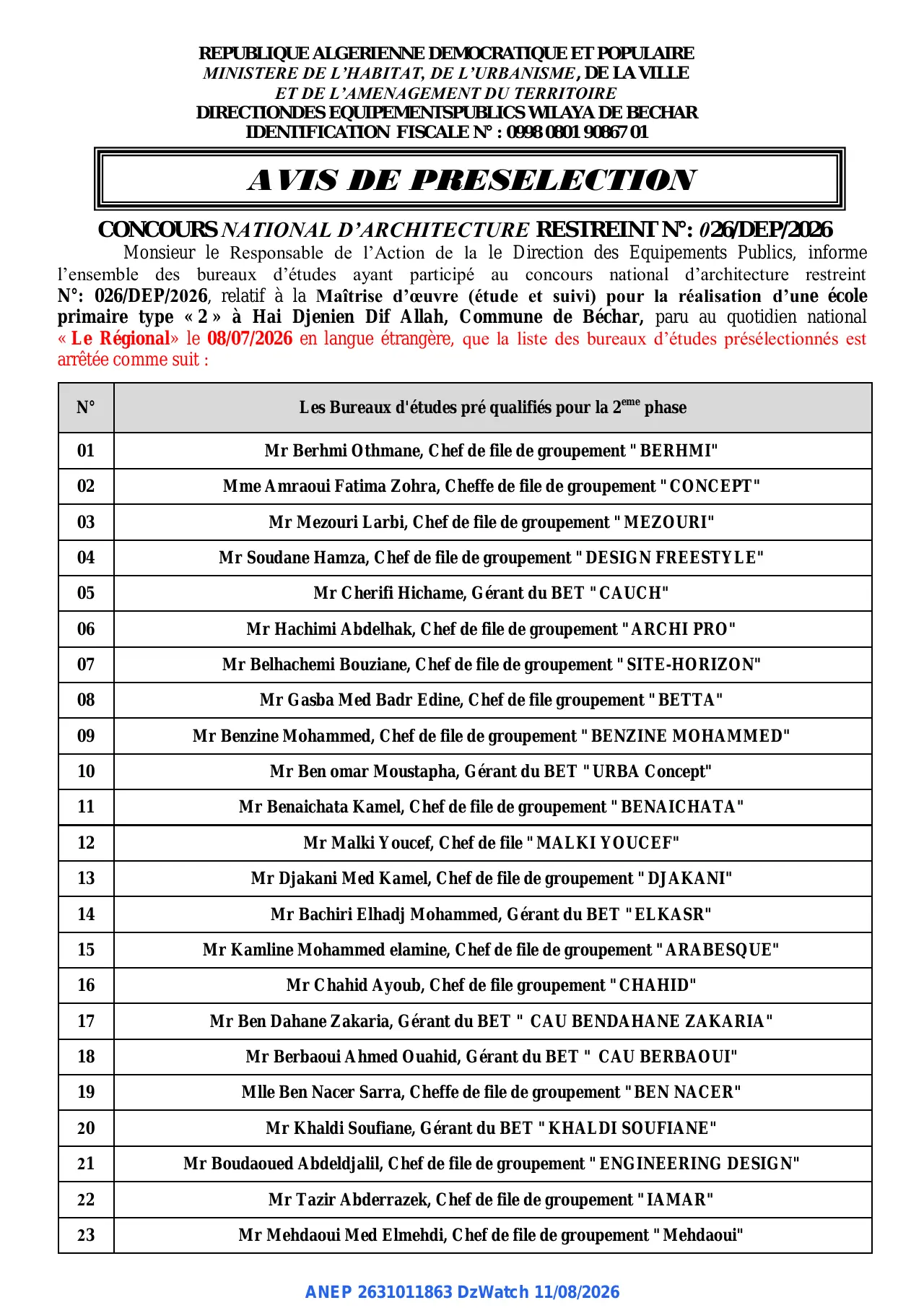 Annonce ANEP 2631011863 : AVIS DE PRESELECTION, DIRECTION DES EQUIPEMENTS PUBLICS WILAYA DE BECHAR