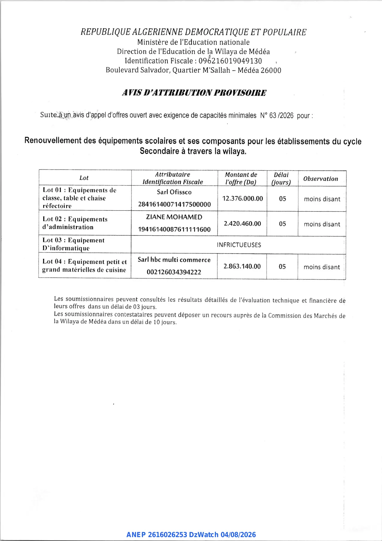 Annonce ANEP 2616026253 : AVIS D'ATTRIBUTION PROVISOIRE, Direction de l'Education de la Wilaya de Médéa