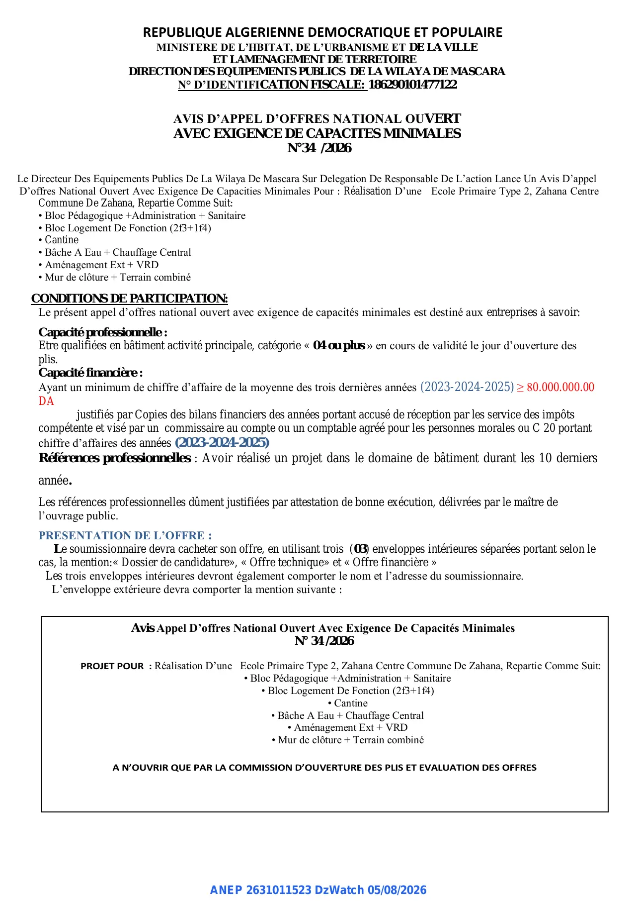 Annonce ANEP 2631011523 : AVIS D'APPEL D'OFFRES NATIONAL OUVERT, DIRECTION DES EQUIPEMENTS PUBLICS DE LA WILAYA DE MASCARA