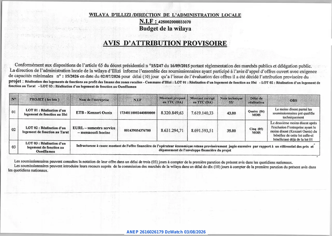 Annonce ANEP 2616026179 : AVIS D'ATTRIBUTION PROVISOIRE, WILAYA D'ILLIZI