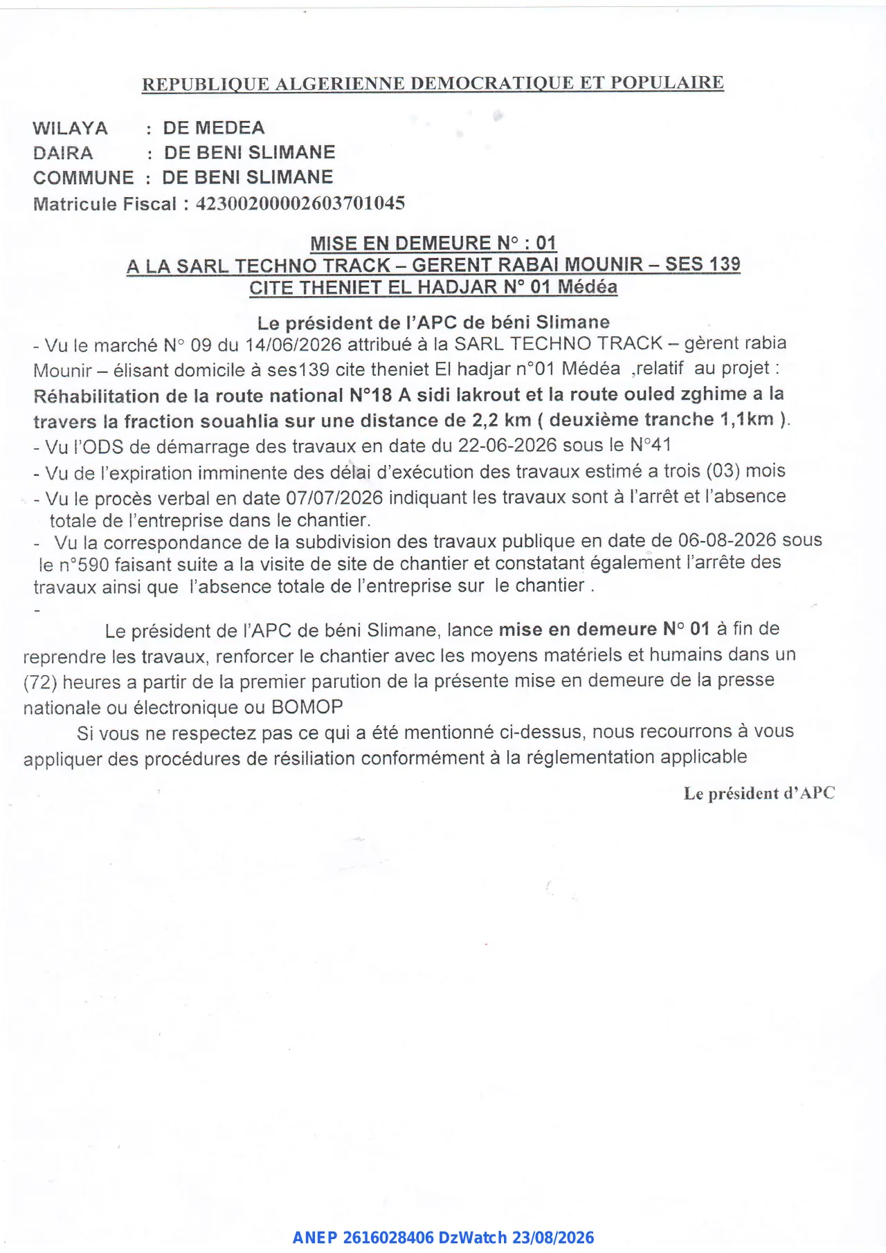 Annonce ANEP 2616028406 : MISE EN DEMEURE, COMMUNE  DE BENI SLIMANE