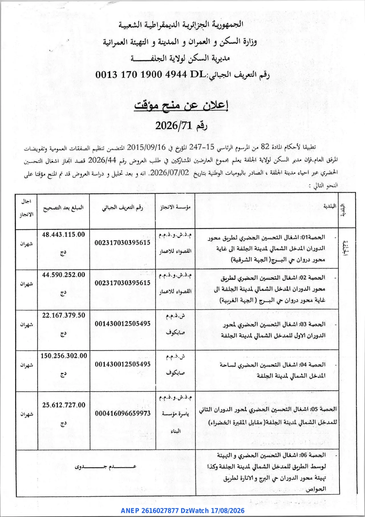 إعلان ANEP 2616027877: ⁨إعلان عن منح مؤقت⁩، ⁨مديرية السكن لولاية الجلفة⁩