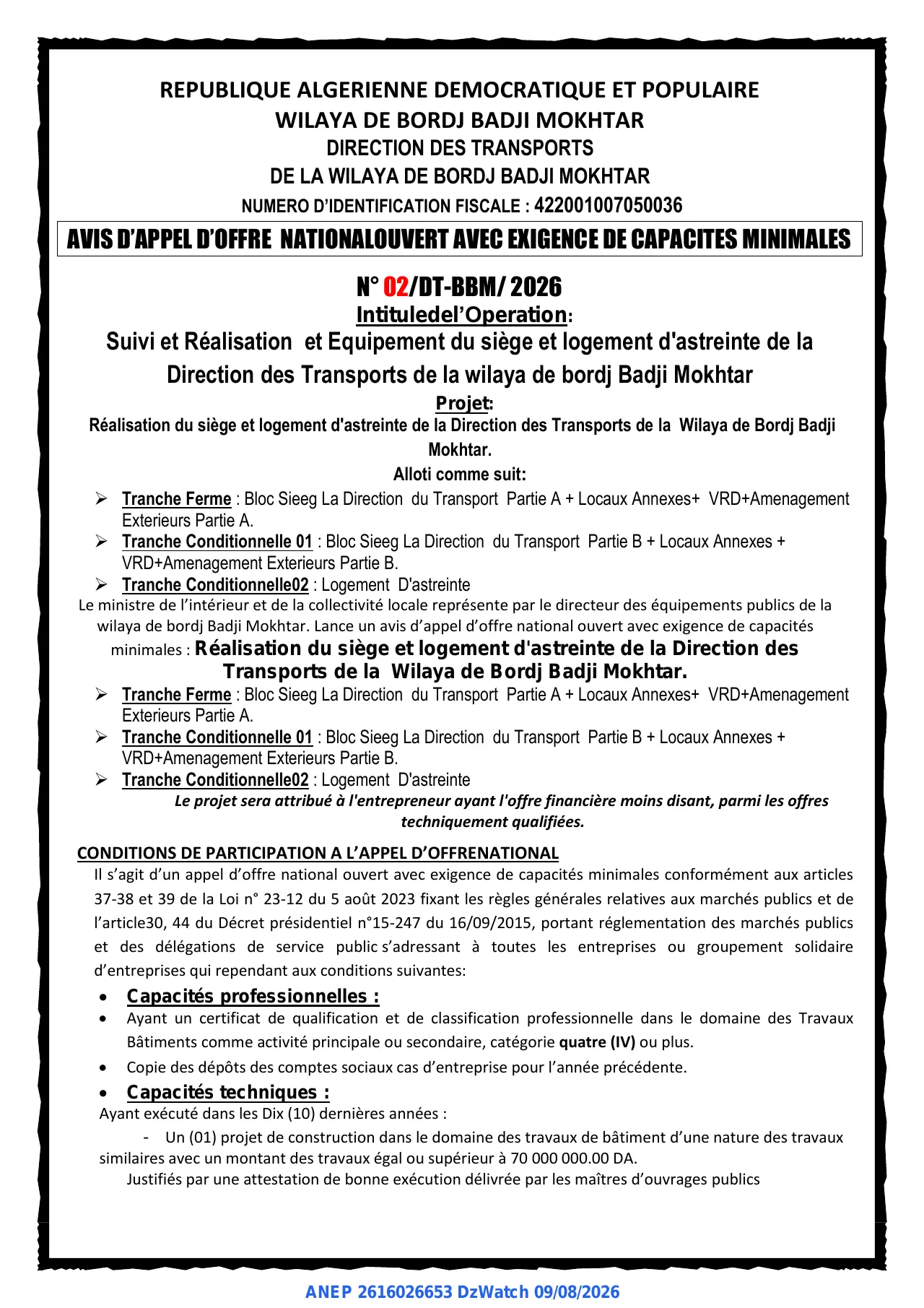 Annonce ANEP 2616026653 : AVIS D'APPEL D'OFFRE NATIONAL OUVERT AVEC EXIGENCE DE CAPACITES MINIMALES, DIRECTION DES TRANSPORTS BORDJ BADJI MOKHTAR