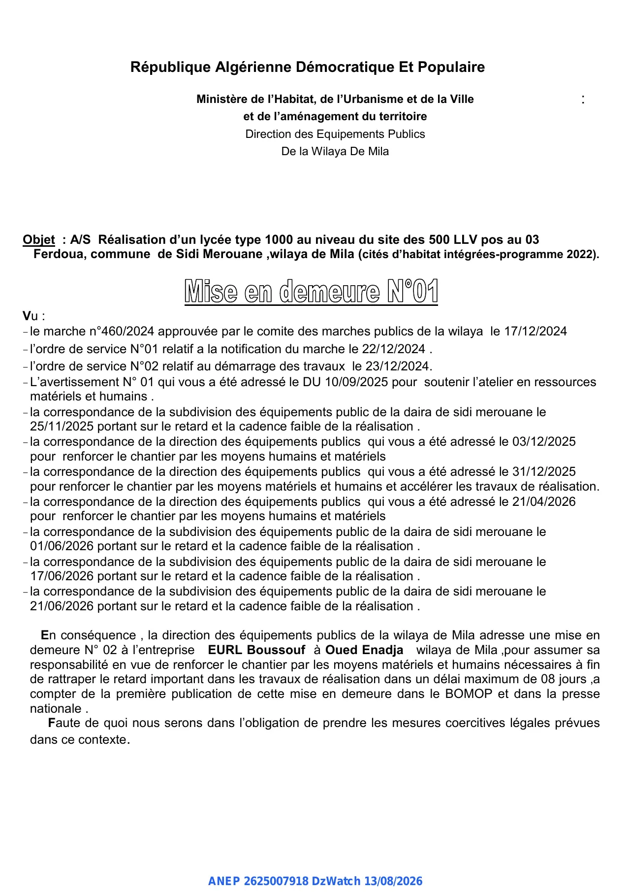 Annonce ANEP 2625007918 : Mise en demeure, Direction des Equipements Publics De la Wilaya De Mila