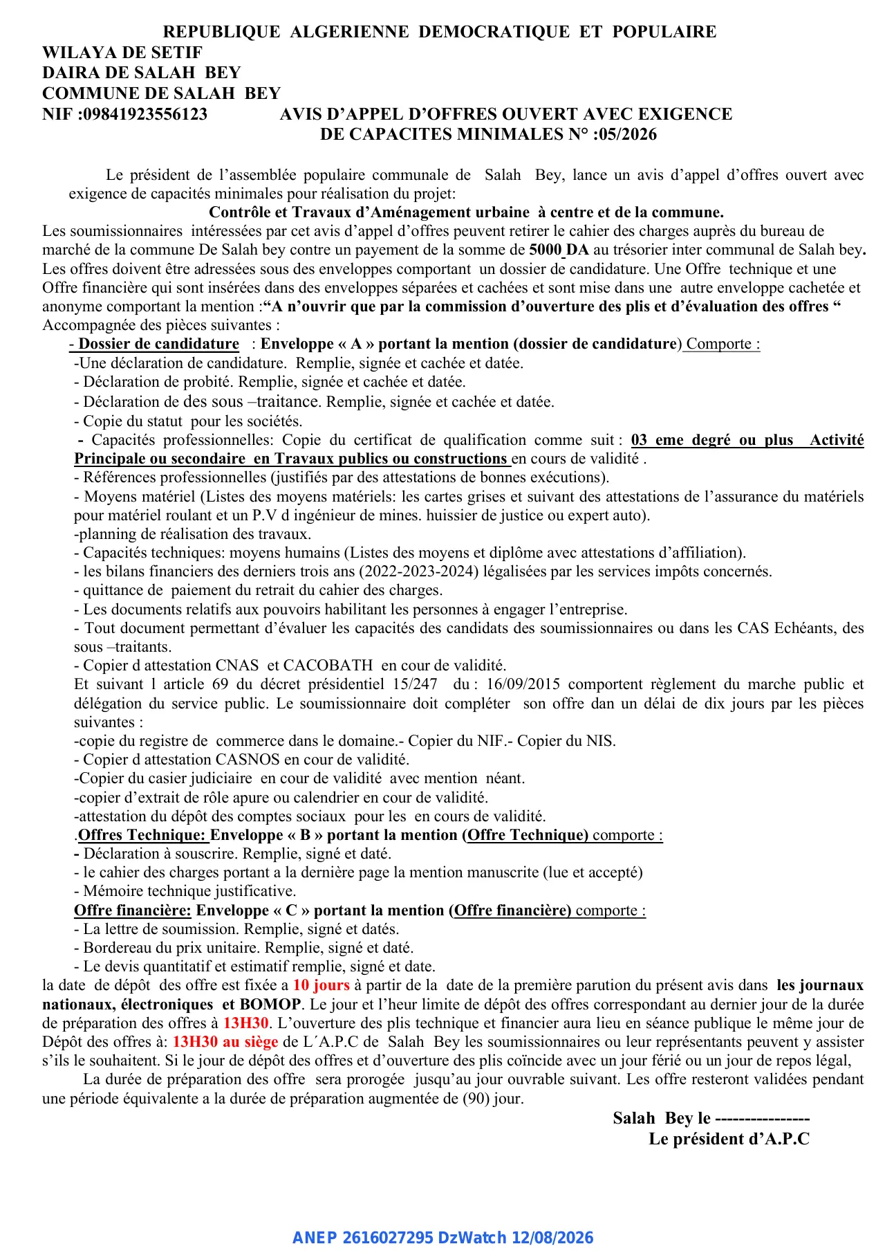 Annonce ANEP 2616027295 : AVIS D'APPEL D'OFFRES OUVERT AVEC EXIGENCE DE CAPACITES MINIMALES, COMMUNE DE SALAH BEY