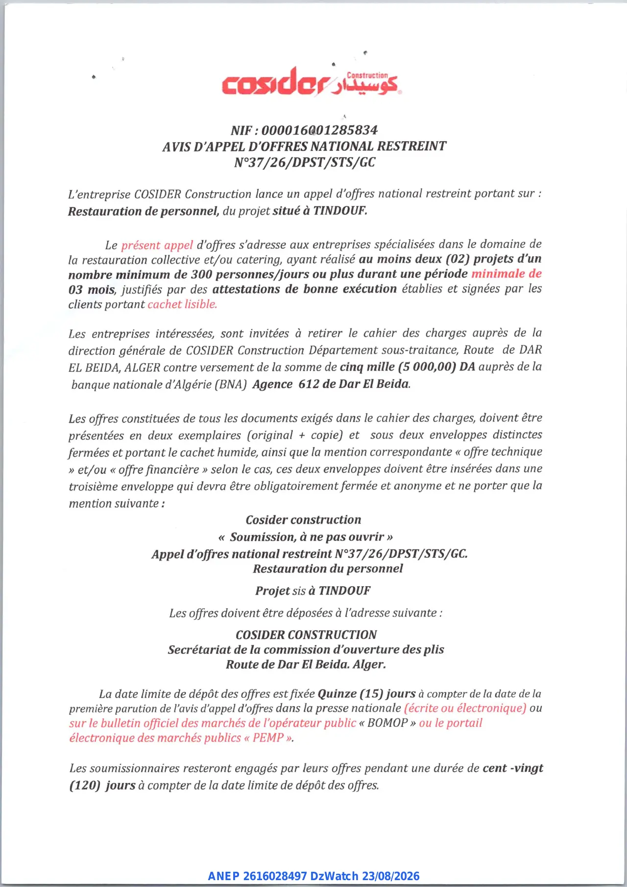 Annonce ANEP 2616028497 : AVIS D'APPEL D'OFFRES NATIONAL RESTREINT, COSIDER Construction