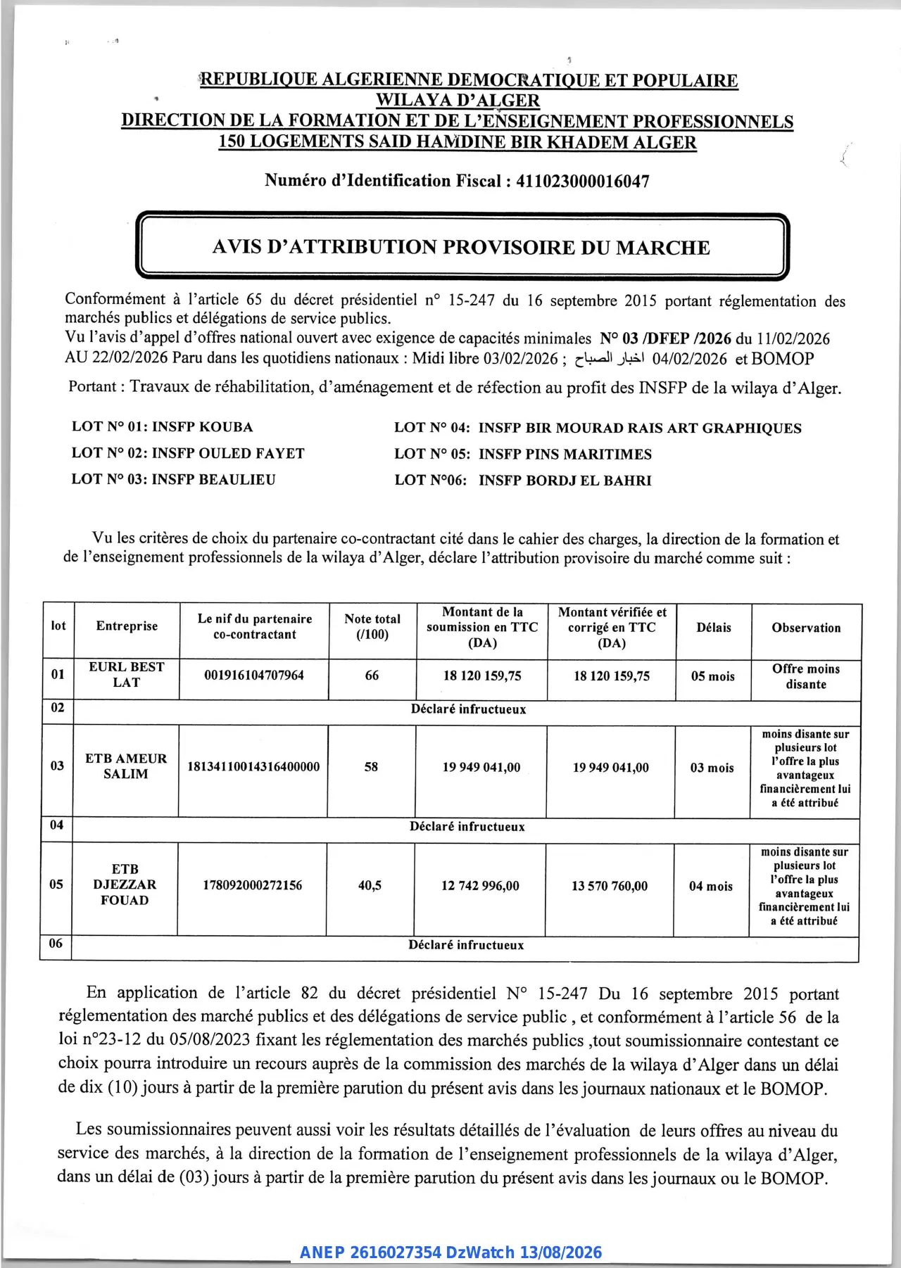 Annonce ANEP 2616027354 : AVIS D'ATTRIBUTION PROVISOIRE DU MARCHE, DIRECTION DE LA FORMATION ET DE L'ENSEIGNEMENT PROFESSIONNELS ALGER
