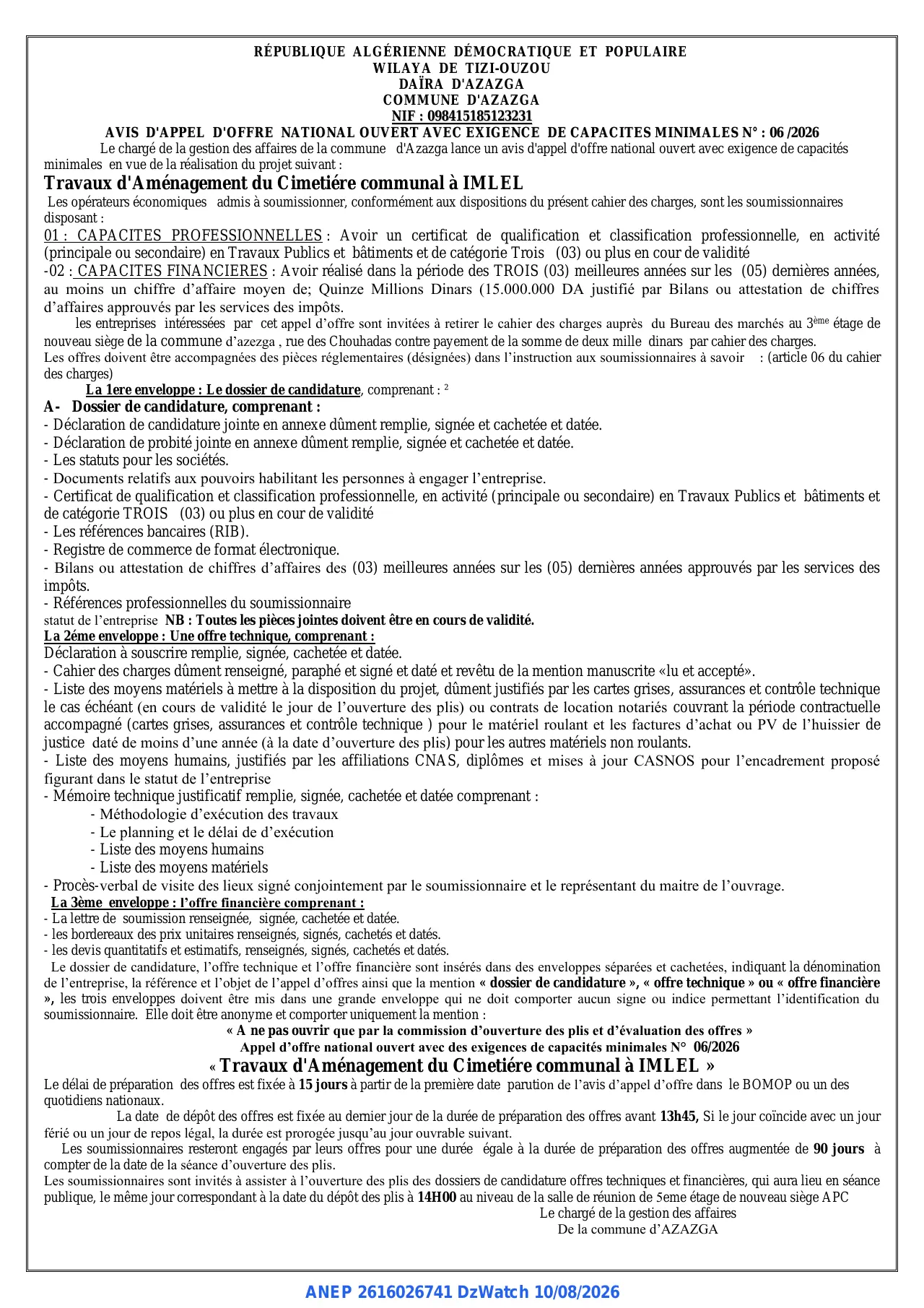 Annonce ANEP 2616026741 : AVIS D'APPEL D'OFFRE NATIONAL OUVERT AVEC EXIGENCE DE CAPACITES MINIMALES, COMMUNE D'AZAZGA