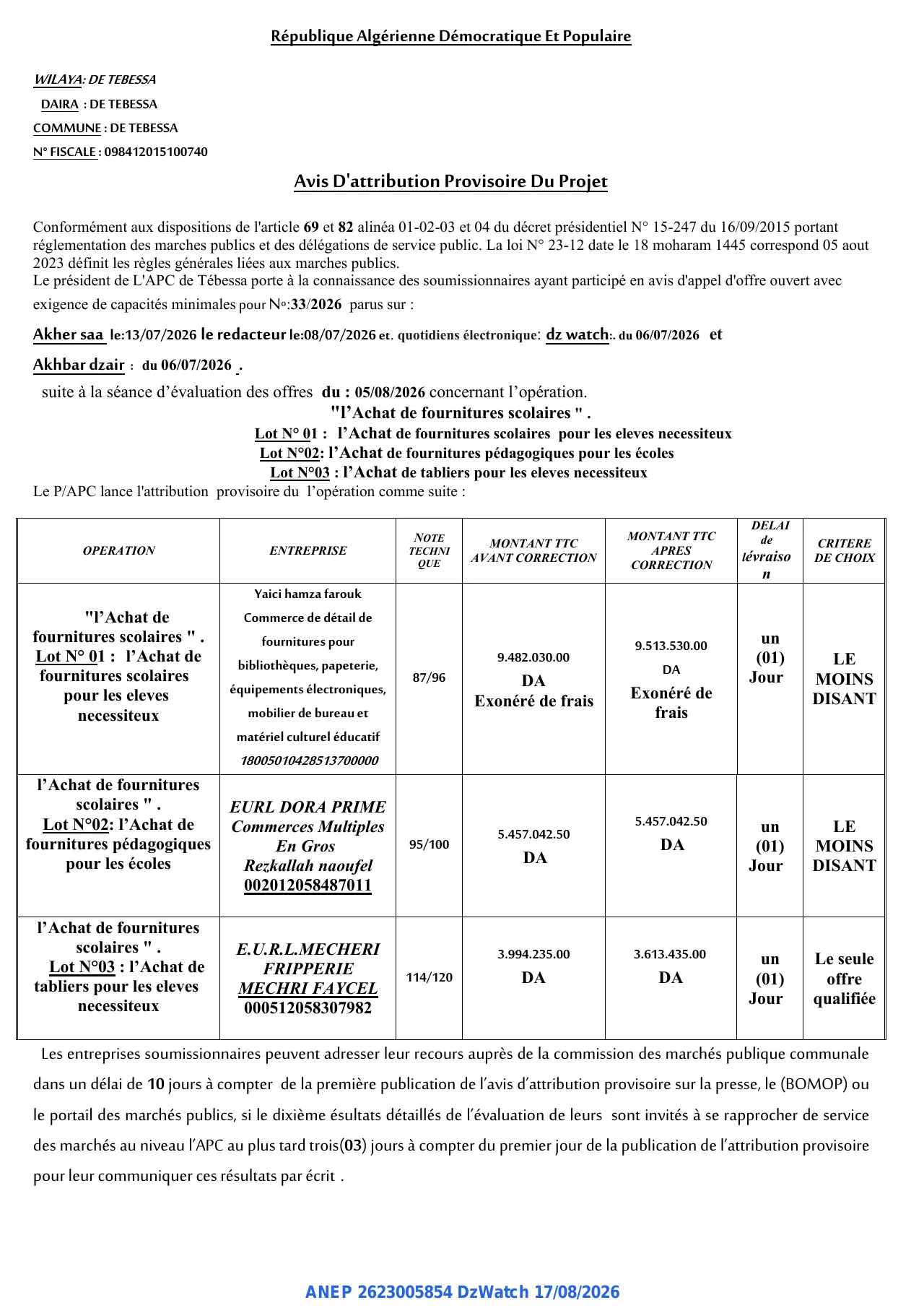 Annonce ANEP 2623005854 : Avis D'attribution Provisoire Du Projet, COMMUNE DE TEBESSA