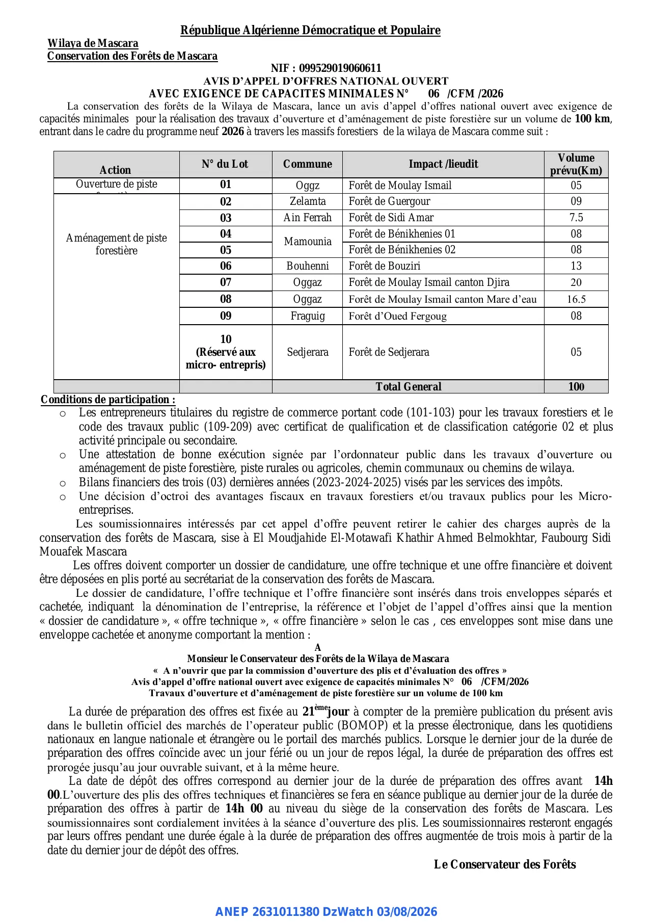 Annonce ANEP 2631011380 : AVIS D’APPEL D’OFFRES NATIONAL OUVERT, Conservation des Forêts de Mascara