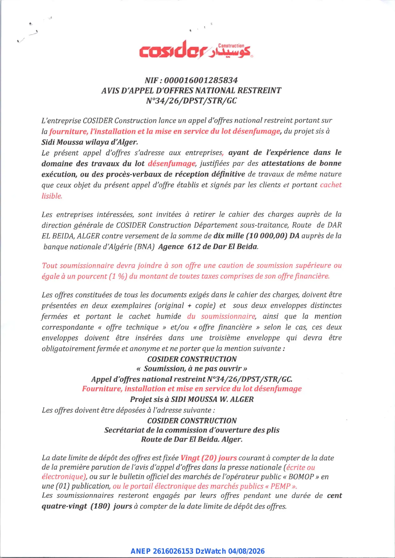 Annonce ANEP 2616026153 : AVIS D'APPEL D'OFFRES NATIONAL RESTREINT, COSIDER CONSTRUCTION