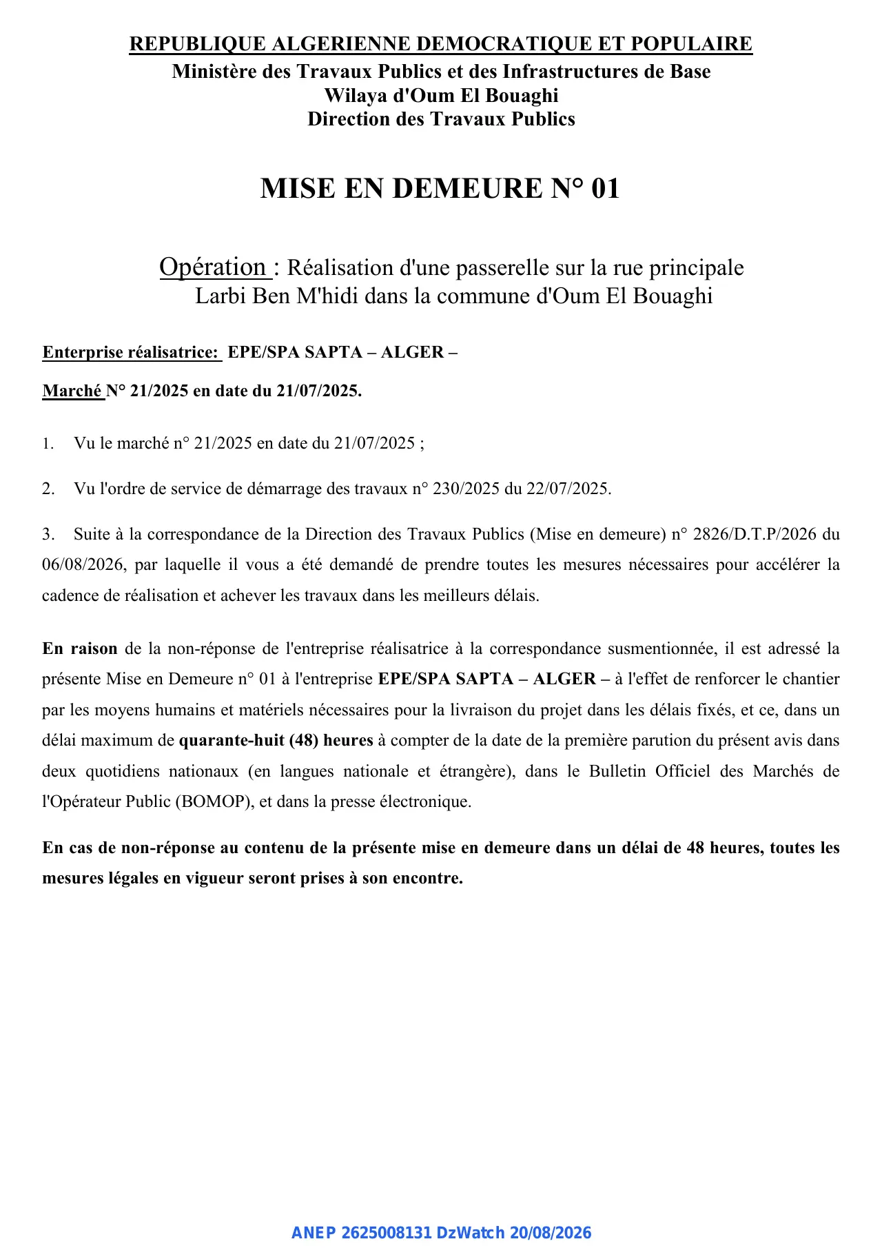Annonce ANEP 2625008131 : MISE EN DEMEURE N° 01, Direction des Travaux Publics Wilaya d'Oum El Bouaghi