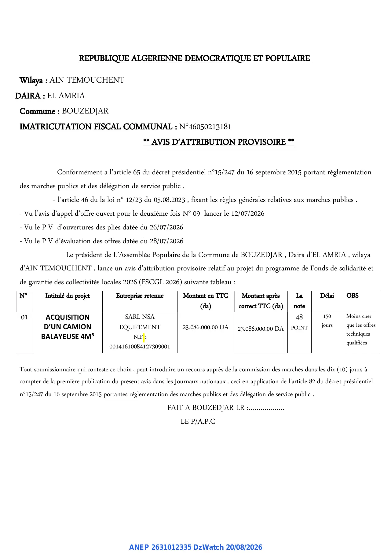 Annonce ANEP 2631012335 : AVIS D'ATTRIBUTION PROVISOIRE, COMMUNE DE BOUZEDJAR