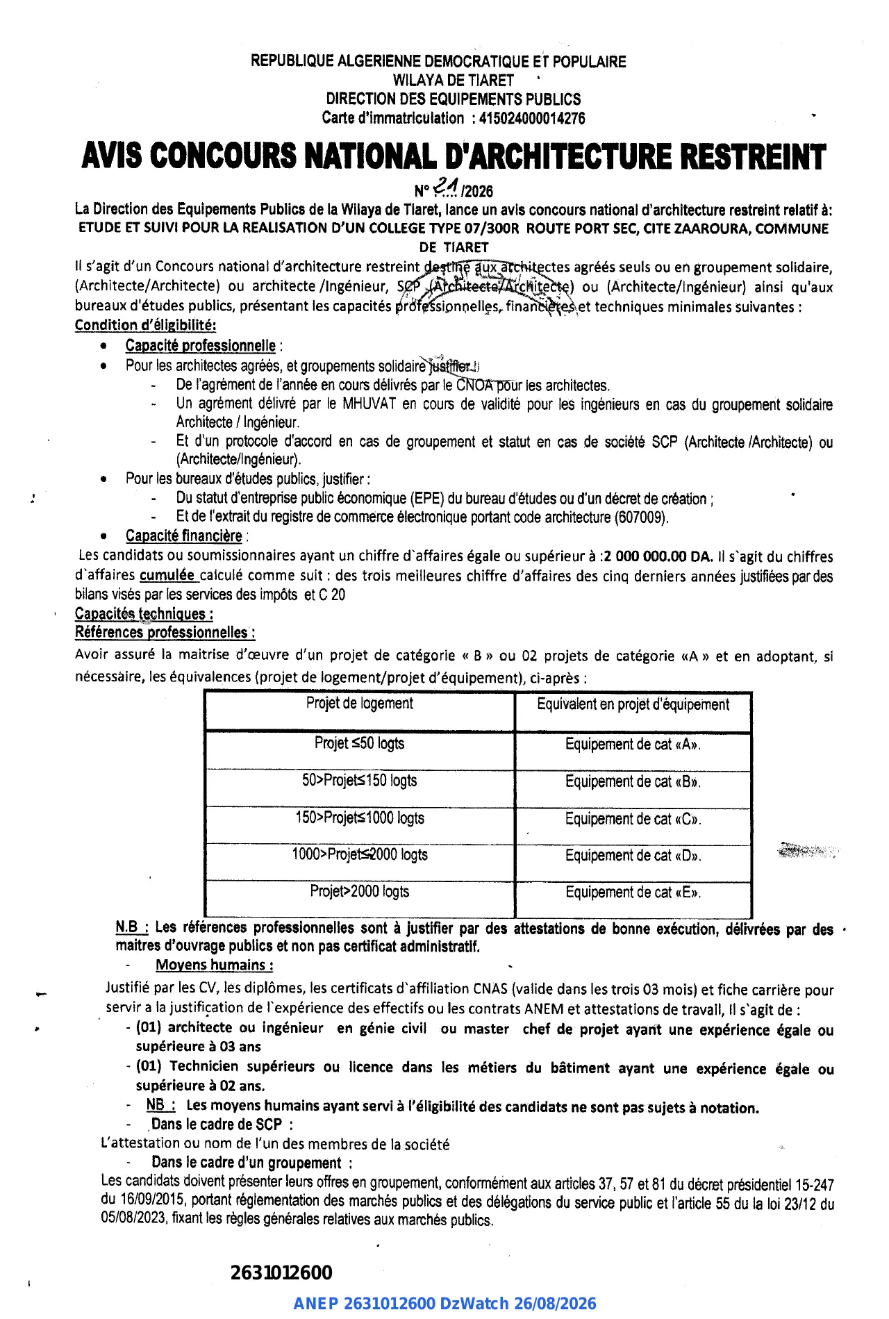 Annonce ANEP 2631012600 : AVIS CONCOURS NATIONAL D'ARCHITECTURE RESTREINT, DIRECTION DES EQUIPEMENTS PUBLICS WILAYA DE TIARET