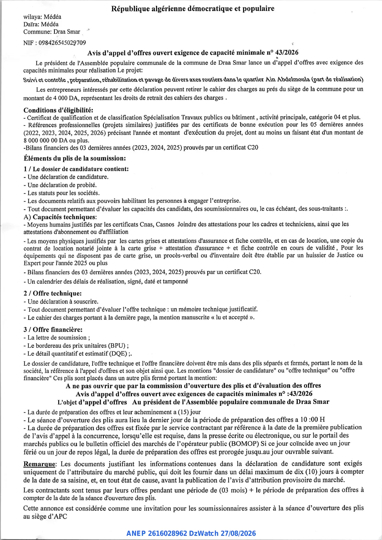 Annonce ANEP 2616028962 : Avis d'appel d'offres ouvert, Commune: Draa Smar