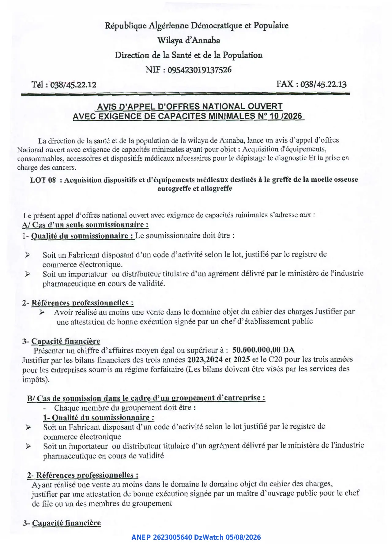 Annonce ANEP 2623005640 : AVIS D'APPEL D'OFFRES NATIONAL OUVERT AVEC EXIGENCE DE CAPACITES MINIMALES, Direction de la Santé et de la Population Wilaya d'Annaba