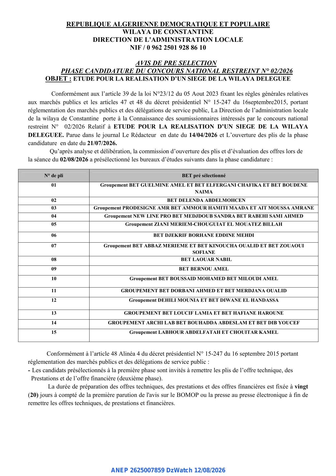 Annonce ANEP 2625007859 : AVIS DE PRE SELECTION, WILAYA DE CONSTANTINE