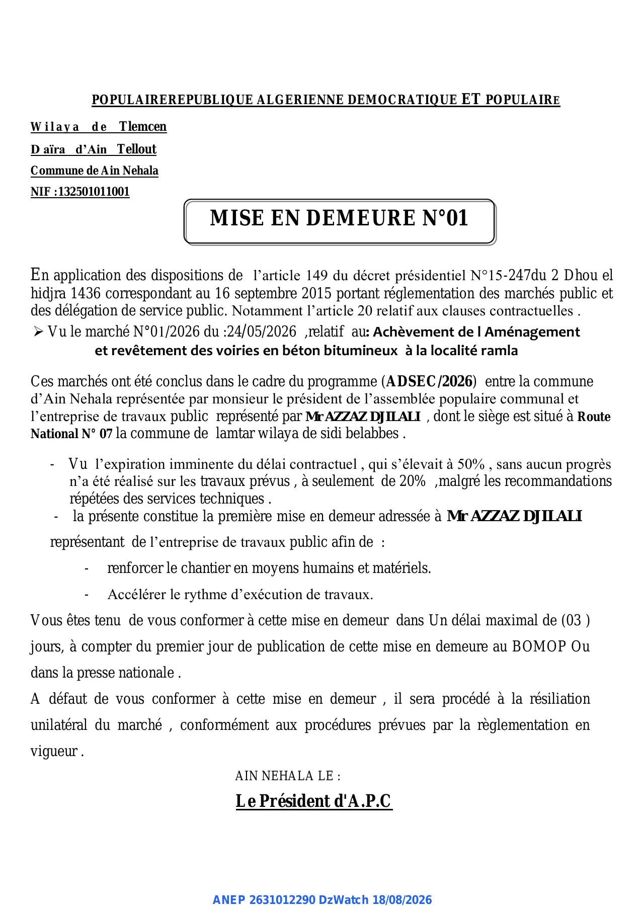 Annonce ANEP 2631012290 : MISE EN DEMEURE, Commune de Ain Nehala