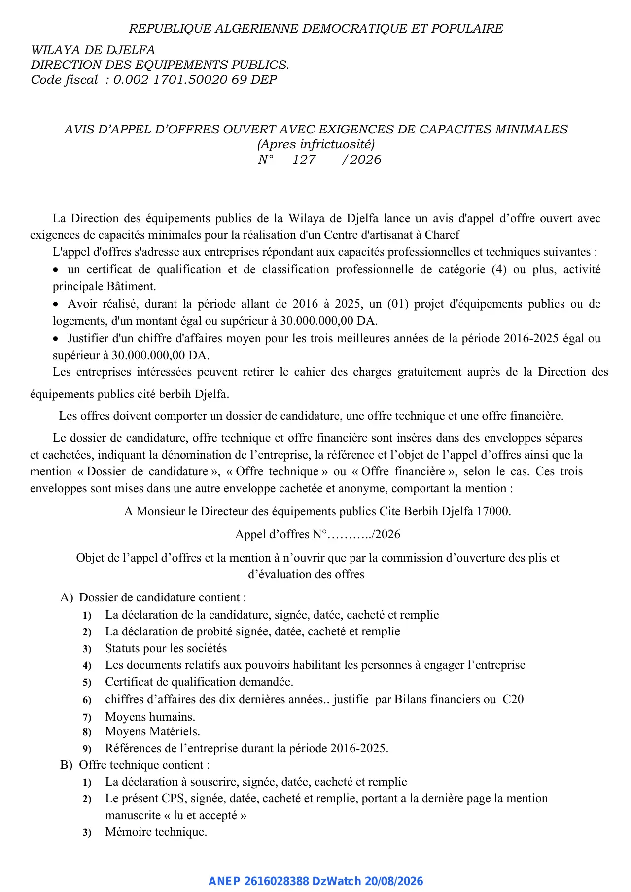 Annonce ANEP 2616028388 : AVIS D’APPEL D’OFFRES, DIRECTION DES EQUIPEMENTS PUBLICS DJELFA