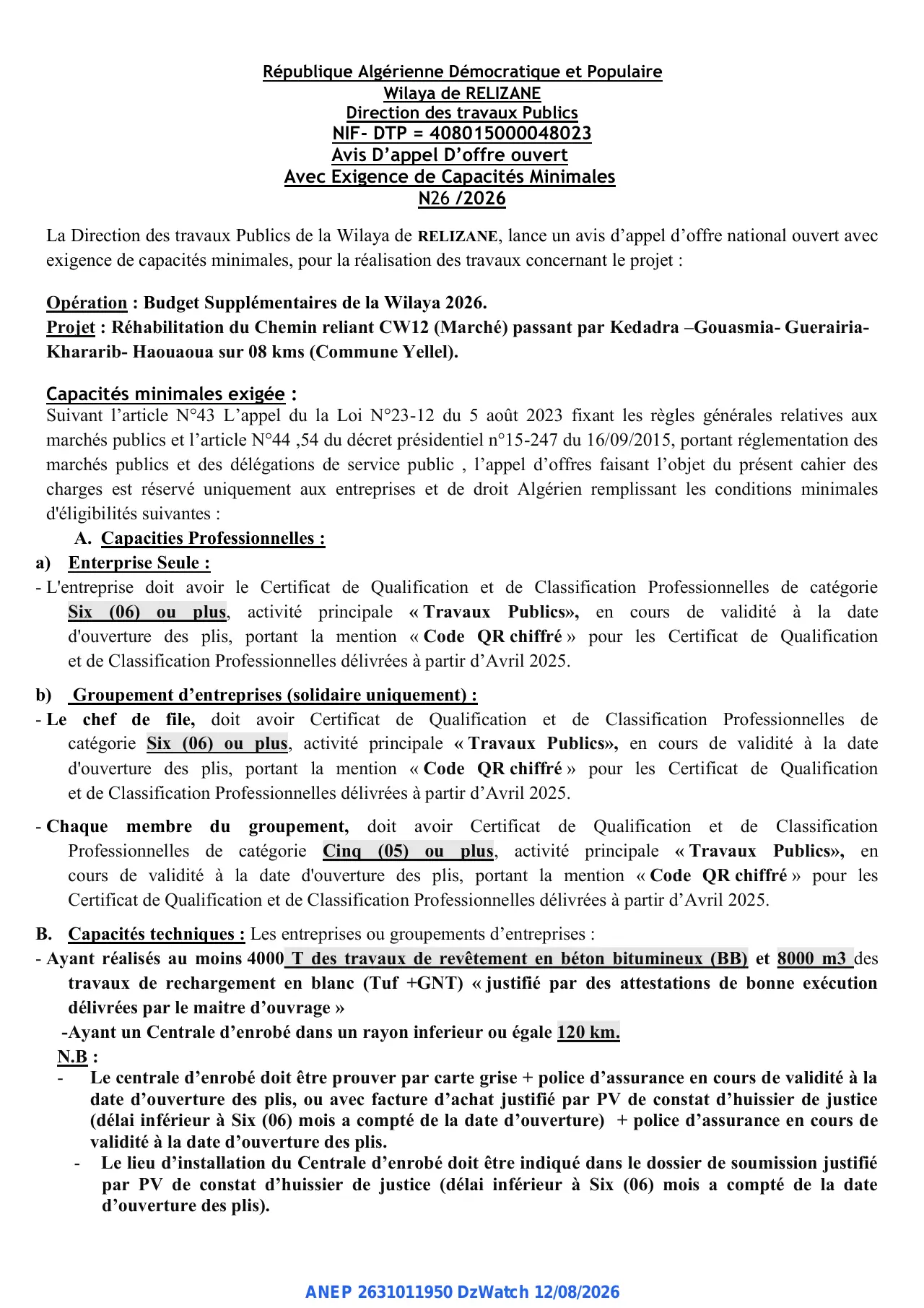 Annonce ANEP 2631011950 : Avis D’appel D’offre ouvert, Direction des travaux Publics de la Wilaya de RELIZANE