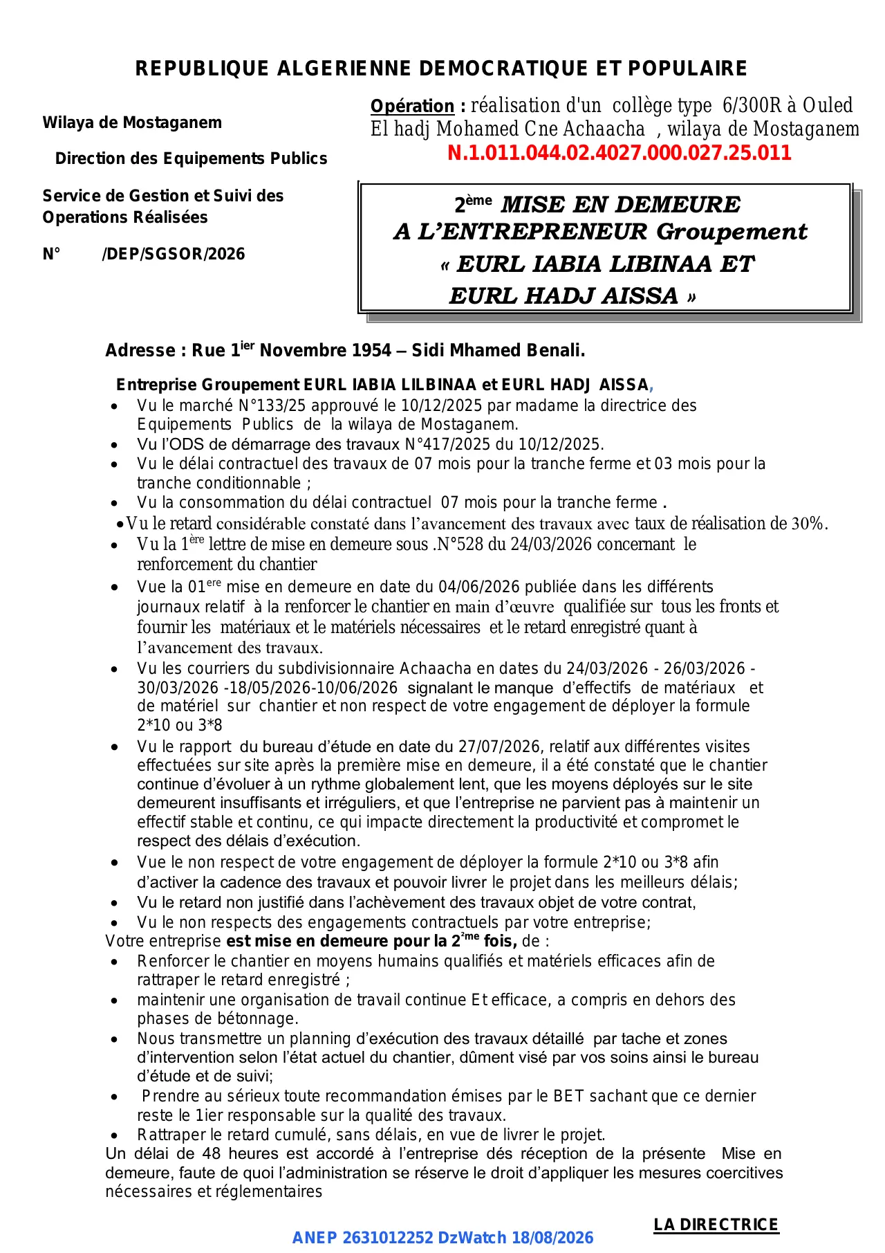 Annonce ANEP 2631012252 : 2ème MISE EN DEMEURE, Direction des Equipements Publics MOSTAGANEM