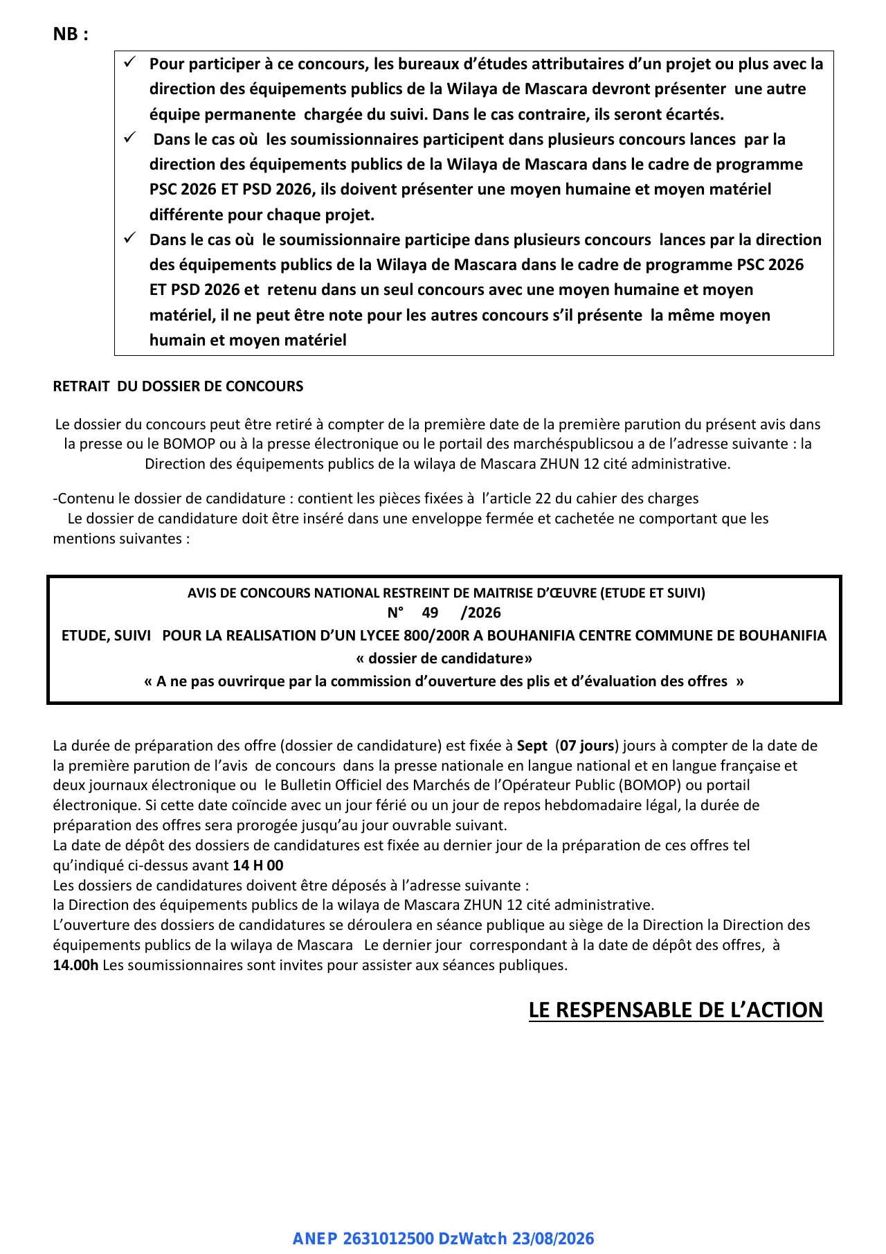 Annonce ANEP 2631012500 : AVIS DE CONCOURS NATIONAL RESTREINT DE MAITRISE D'ŒUVRE (ETUDE ET SUIVI), DIRECTION DES EQUIPEMENTS PUBLICS DE LA WILAYA DE MASCARA