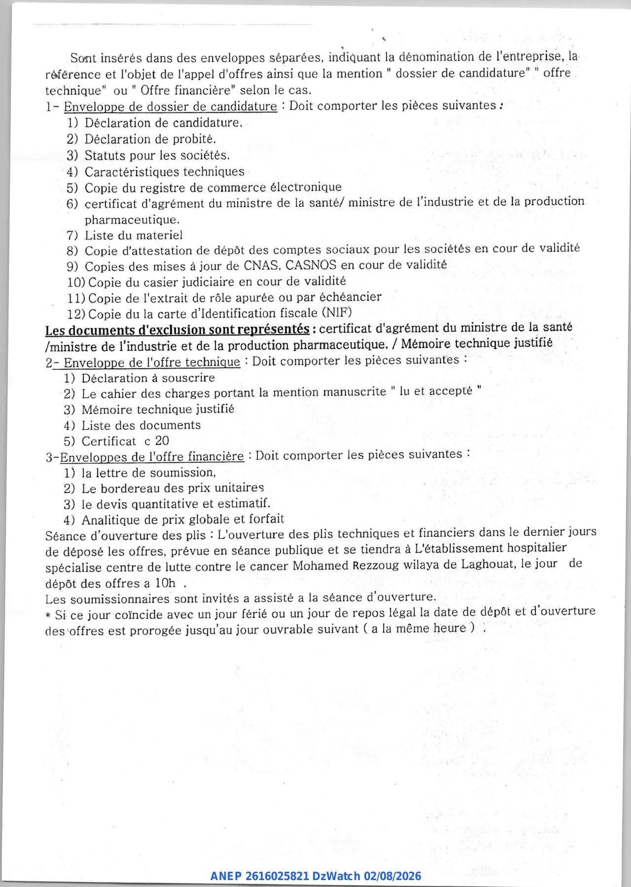 Annonce ANEP 2616025821 : Annonce d'un appel d'offres ouvert avec exigence de capacités minimales, ETABLISSEMENT HOSPITALIER SPECIALISE CENTRE DE LUTTE CONTRE LE CANCER MOHAMED REZZOUG WILAYA DE LAGHOUAT