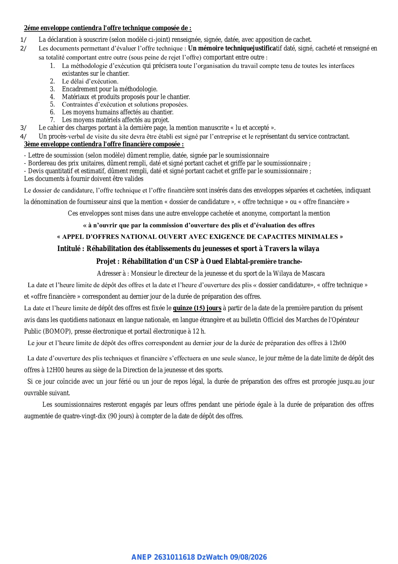 Annonce ANEP 2631011618 : AVIS D'APPEL D'OFFRES NATIONAL OUVERT AVEC EXIGENCE DE CAPACITES MINIMALES, DIRECTION DE LA JEUNESSE ET DES SPORTS MASCARA