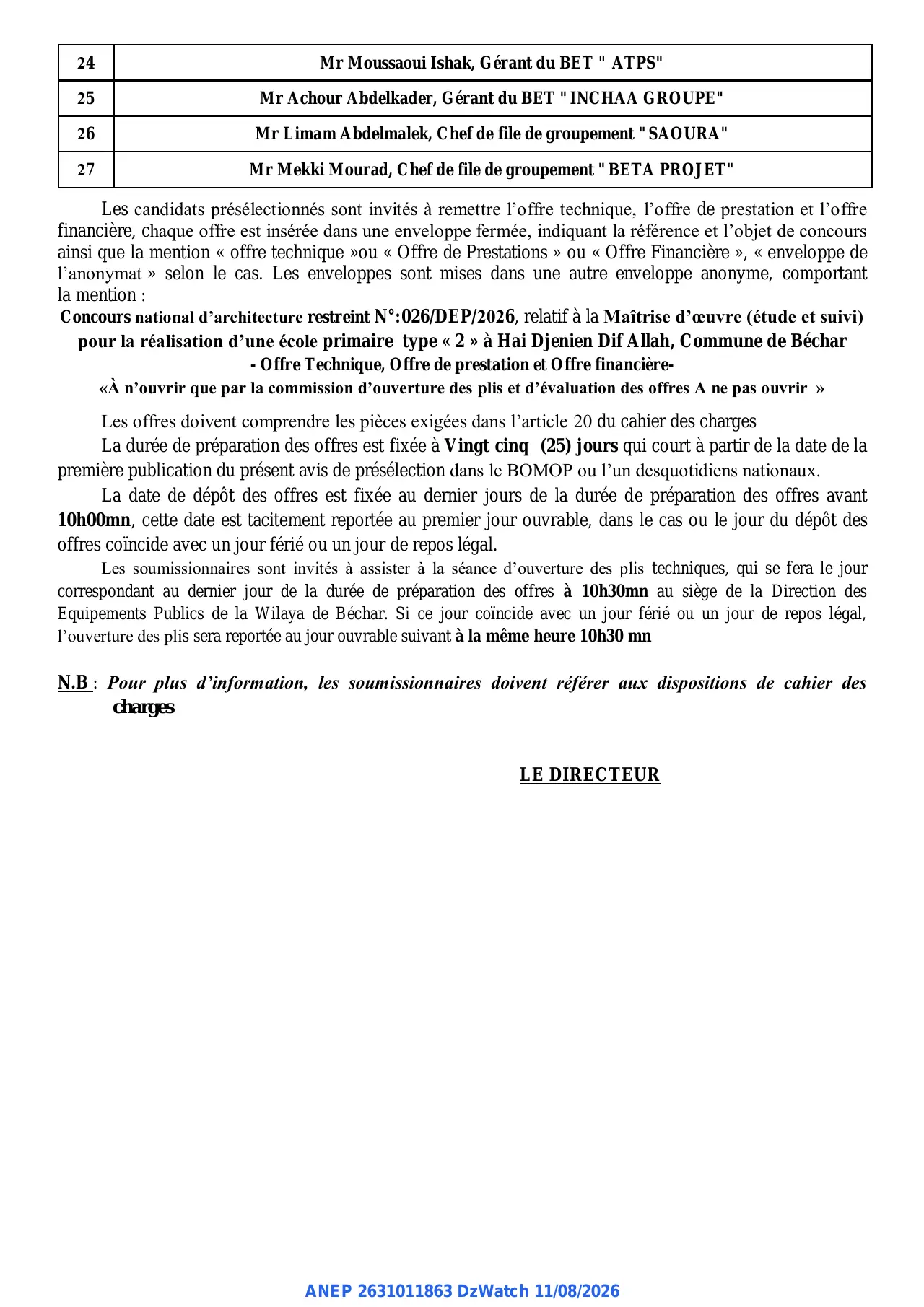 Annonce ANEP 2631011863 : AVIS DE PRESELECTION, DIRECTION DES EQUIPEMENTS PUBLICS WILAYA DE BECHAR