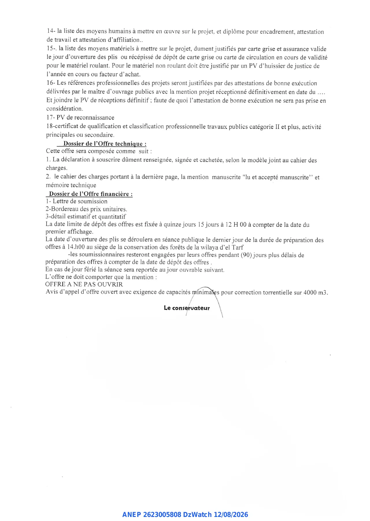 Annonce ANEP 2623005808 : Avis d'appel d'offres ouvert avec exigence de capacités minimales, CONSERVATION DES FORETS DE LA WILAYA D'EL TARF