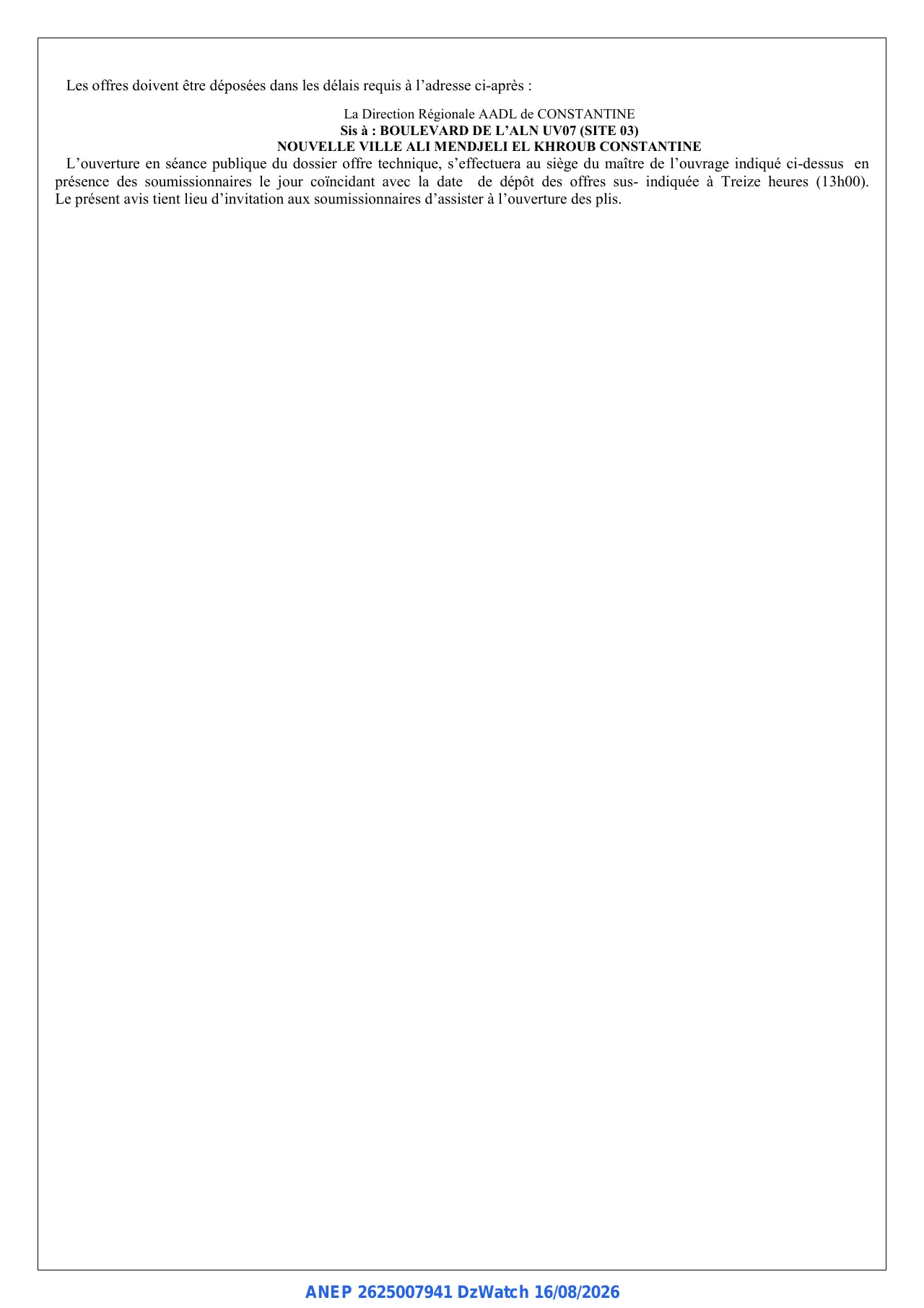 Annonce ANEP 2625007941 : AVIS DE PRESELECTION, AGENCE NATIONALE DE L'AMELIORATION ET DU DEVELOPPEMENT DU LOGEMENT A.A.D.L DIRECTION REGIONALE CONSTANTINE