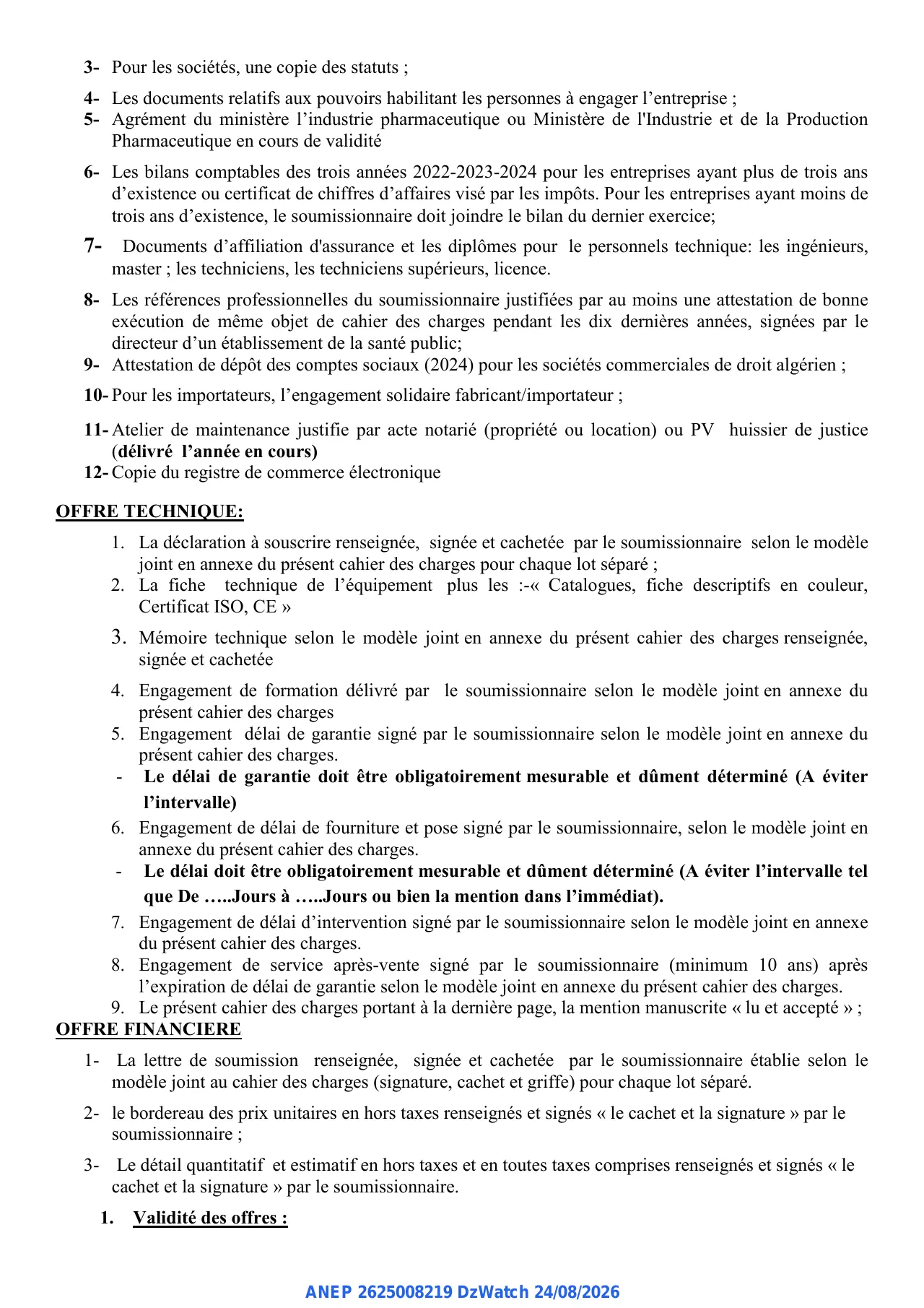 Annonce ANEP 2625008219 : AVIS D'APPEL D'OFFRES OUVERT AVEC EXIGENCE DE CAPACITES MINIMALES, CENTRE HOSPITALO-UNIVERSITAIRE BENFLIS TOUHAMI BATNA