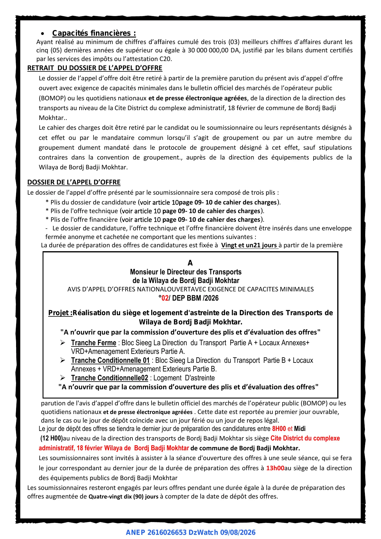 Annonce ANEP 2616026653 : AVIS D'APPEL D'OFFRE NATIONAL OUVERT AVEC EXIGENCE DE CAPACITES MINIMALES, DIRECTION DES TRANSPORTS BORDJ BADJI MOKHTAR
