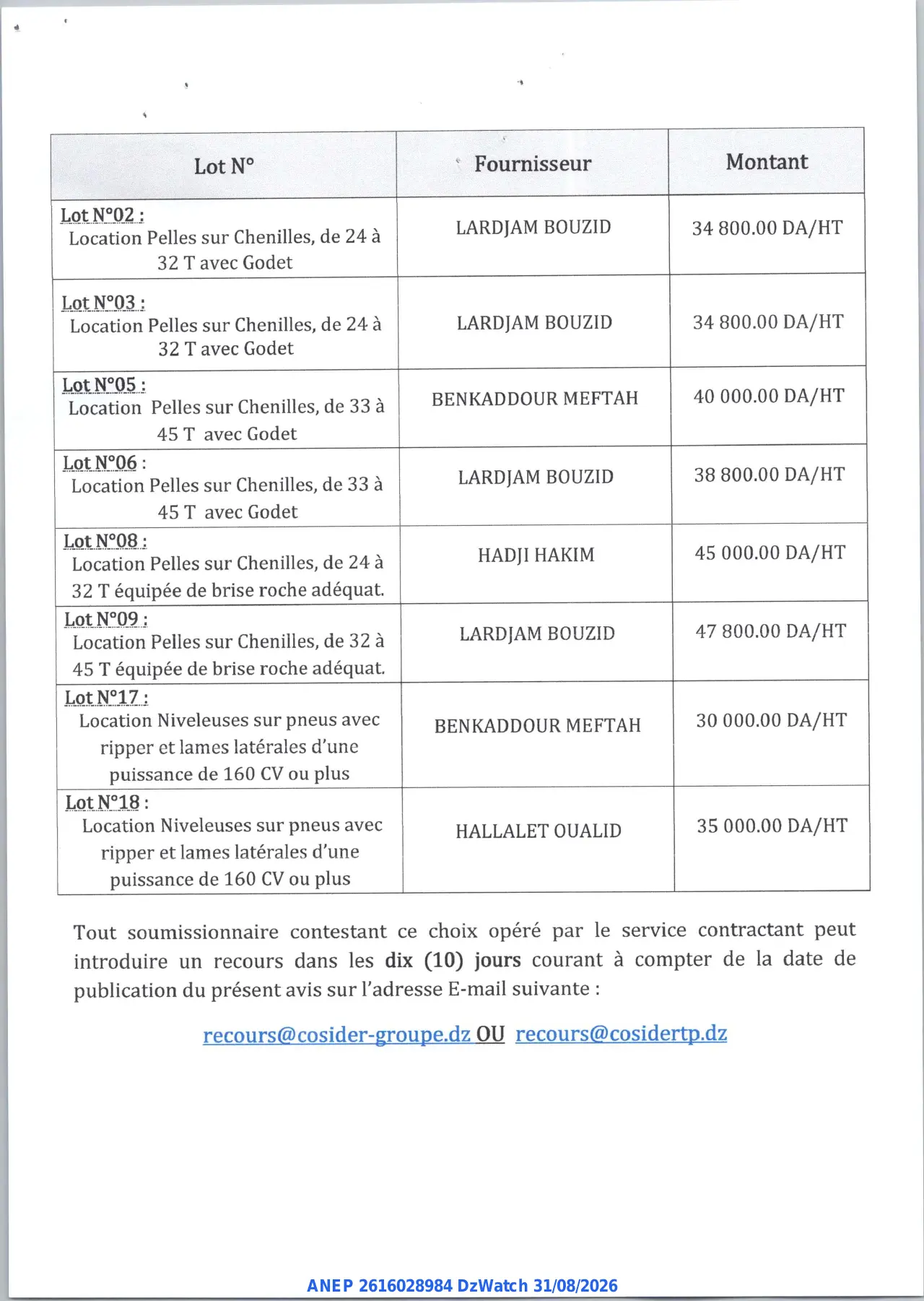 Annonce ANEP 2616028984 : AVIS D'ATTRIBUTION PROVISOIRE, COSIDER Construction