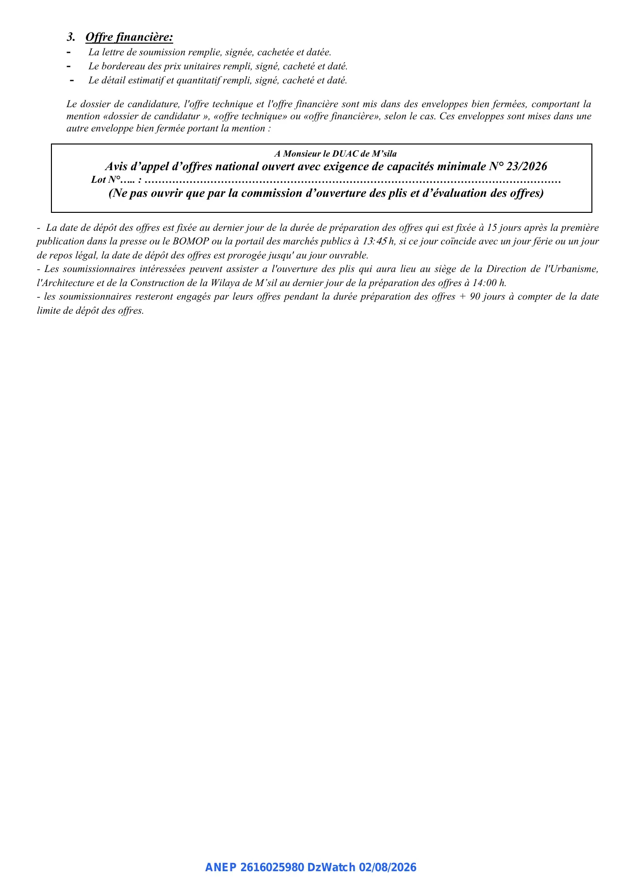 Annonce ANEP 2616025980 : Avis d’appel d’offres national ouvert avec exigence de capacités minimales, Direction de l’Urbanisme, de l’Architecture et de la Construction de la wilaya de M’sila