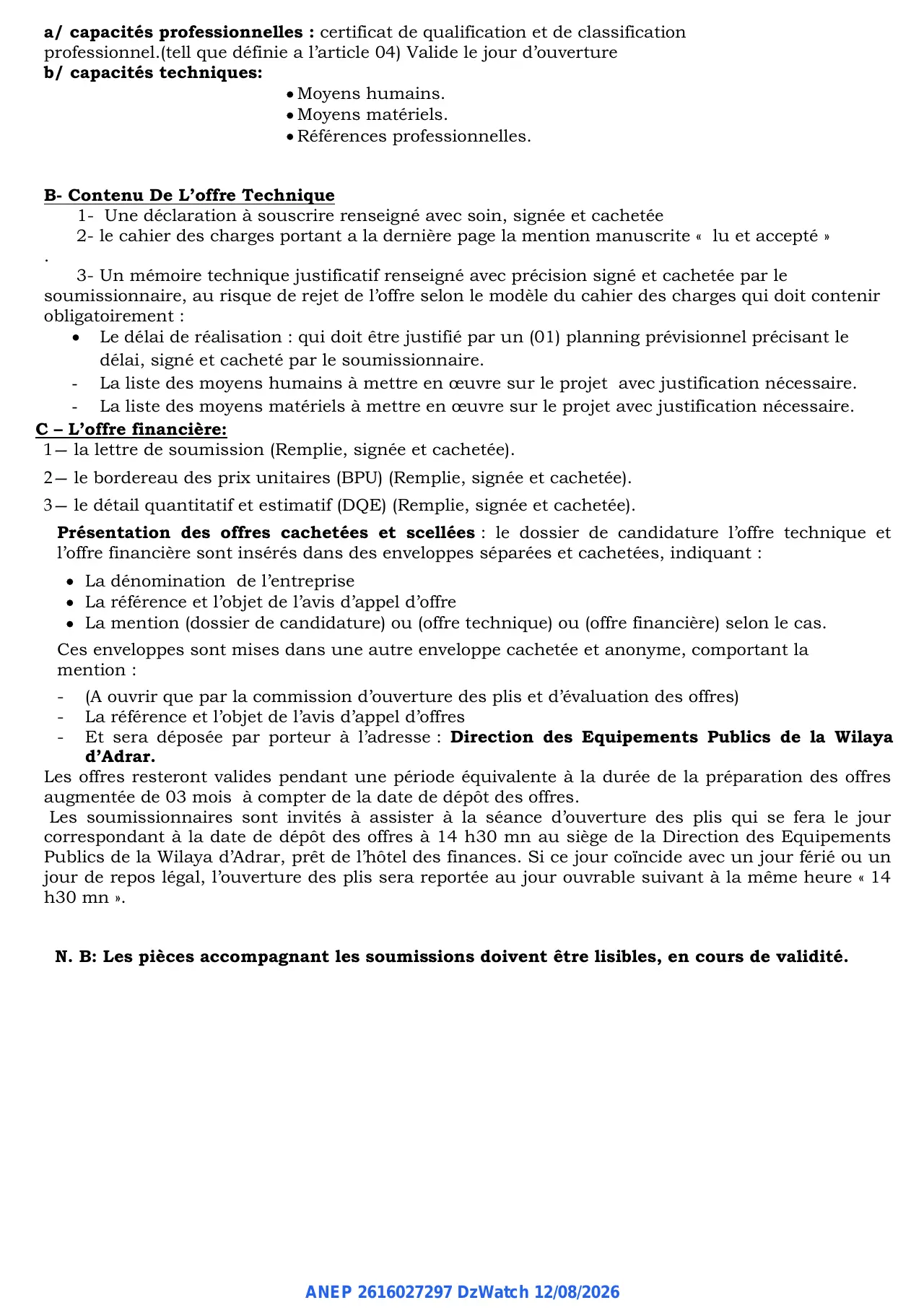 Annonce ANEP 2616027297 : AVIS D’APPEL D’OFFRE NATIONAL OUVERT AVEC EXIGENCE DE CAPACITES MINIMALES, DIRECTION DES EQUIPEMENTS PUBLICS ADRAR
