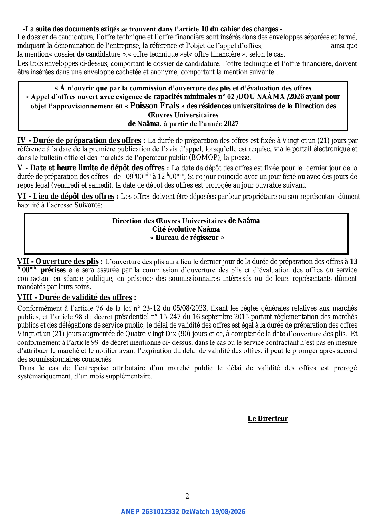Annonce ANEP 2631012332 : Appel d'offres national ouvert avec exigence de capacités minimales, Direction des Œuvres Universitaires de NAÂMA